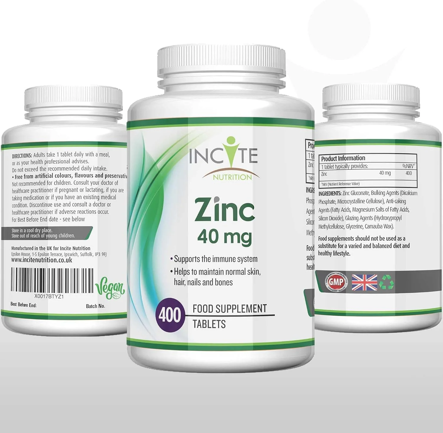 زینک 40 میلی گرمی Incite Nutrition | 400 عدد قرص زینک با کیفیت عالی برای بیش از 12 ماه | قرص زینک خالص با حداکثر قدرت | مناسب برای گیاهخواران | ساخت انگلستان ®