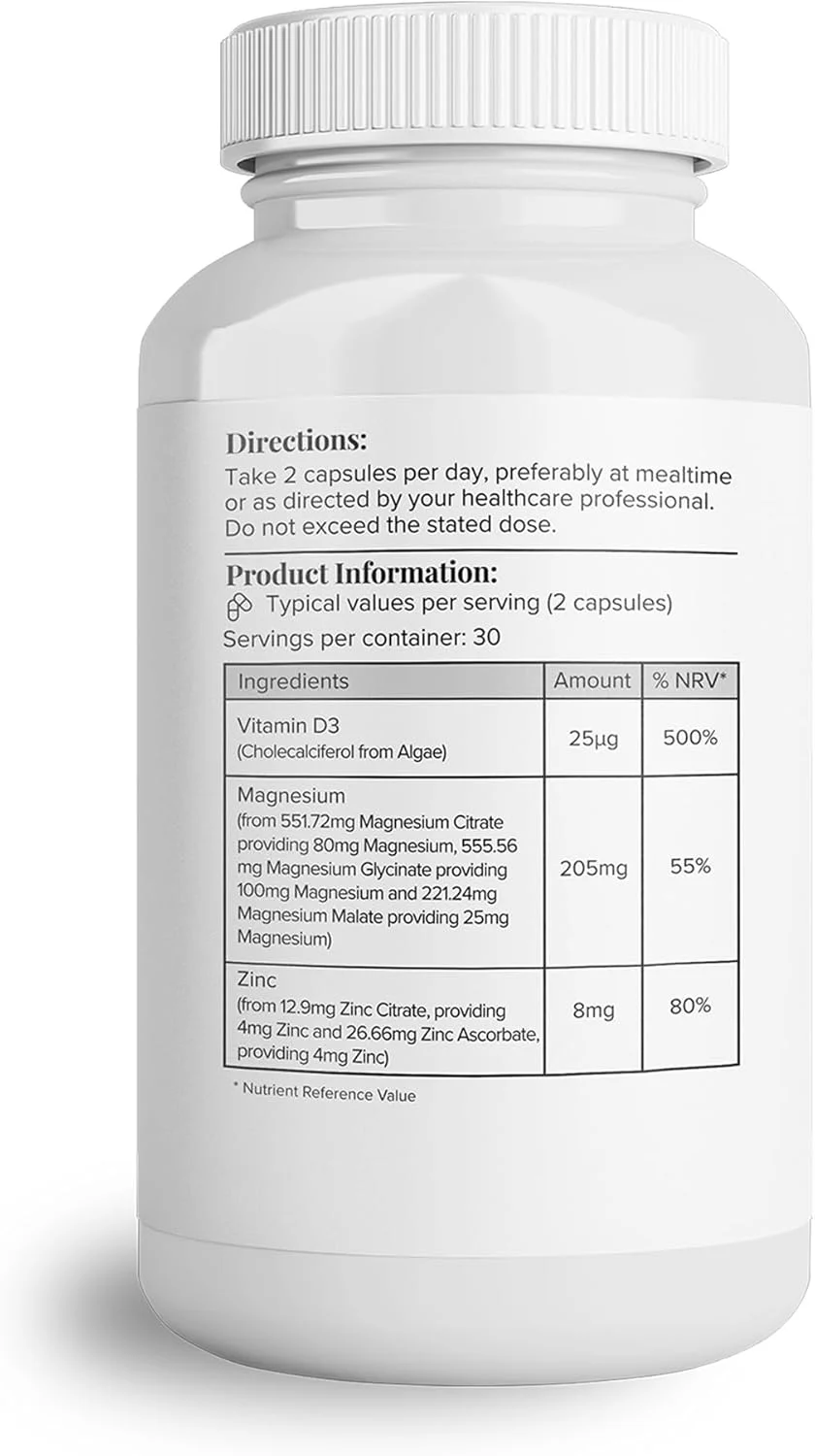 مکمل منیزیم کمپلکس با قدرت بالا 205 میلی‌گرم Hey Nutrition به همراه زینک و ویتامین D3 - سلامت ماهیچه و استخوان، عملکرد عصبی و پشتیبانی از انرژی - 180 کپسول، غیر GMO، وگان - بسته 3 عددی