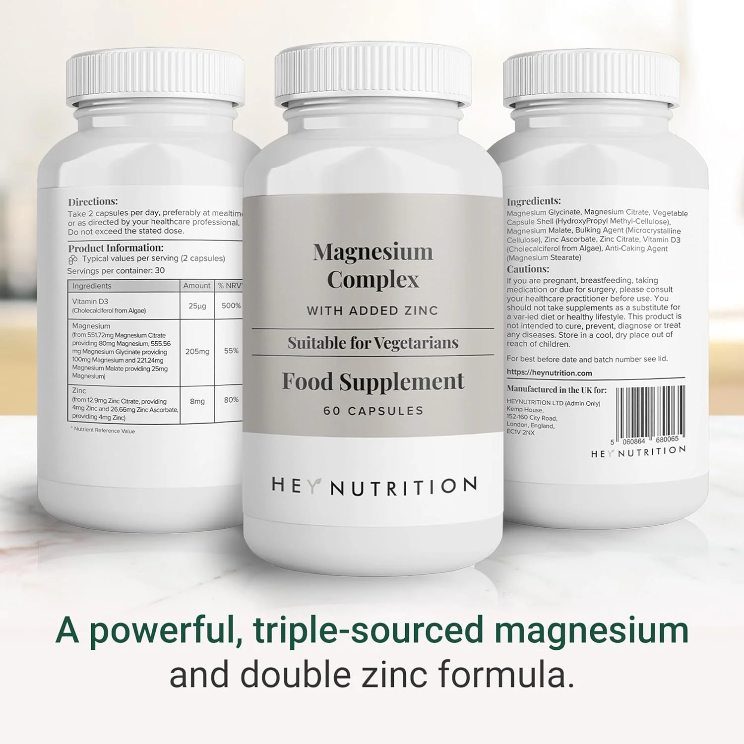 مکمل منیزیم کمپلکس با قدرت بالا 205 میلی‌گرم Hey Nutrition به همراه زینک و ویتامین D3 - سلامت ماهیچه و استخوان، عملکرد عصبی و پشتیبانی از انرژی - 180 کپسول، غیر GMO، وگان - بسته 3 عددی