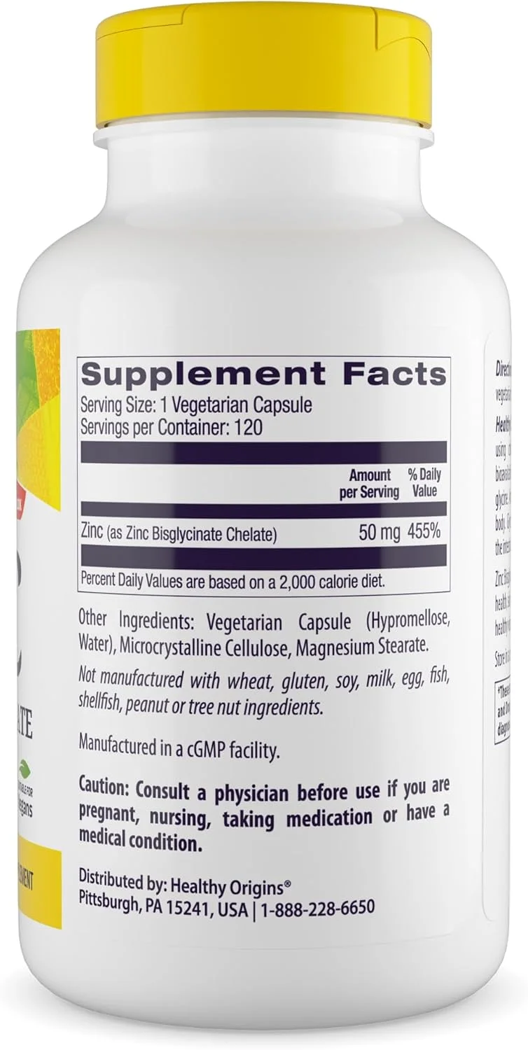 زینک بیس گلیسینات کلات Healthy Origins، 50 میلی گرم - زینک کلاته برای پشتیبانی از سیستم ایمنی، سلامت سلولی و سلامت چشم - ویتامین پوست، مو و ناخن - مکمل های زینک غیر تراریخته و بدون گلوتن - 120 سافت ژل