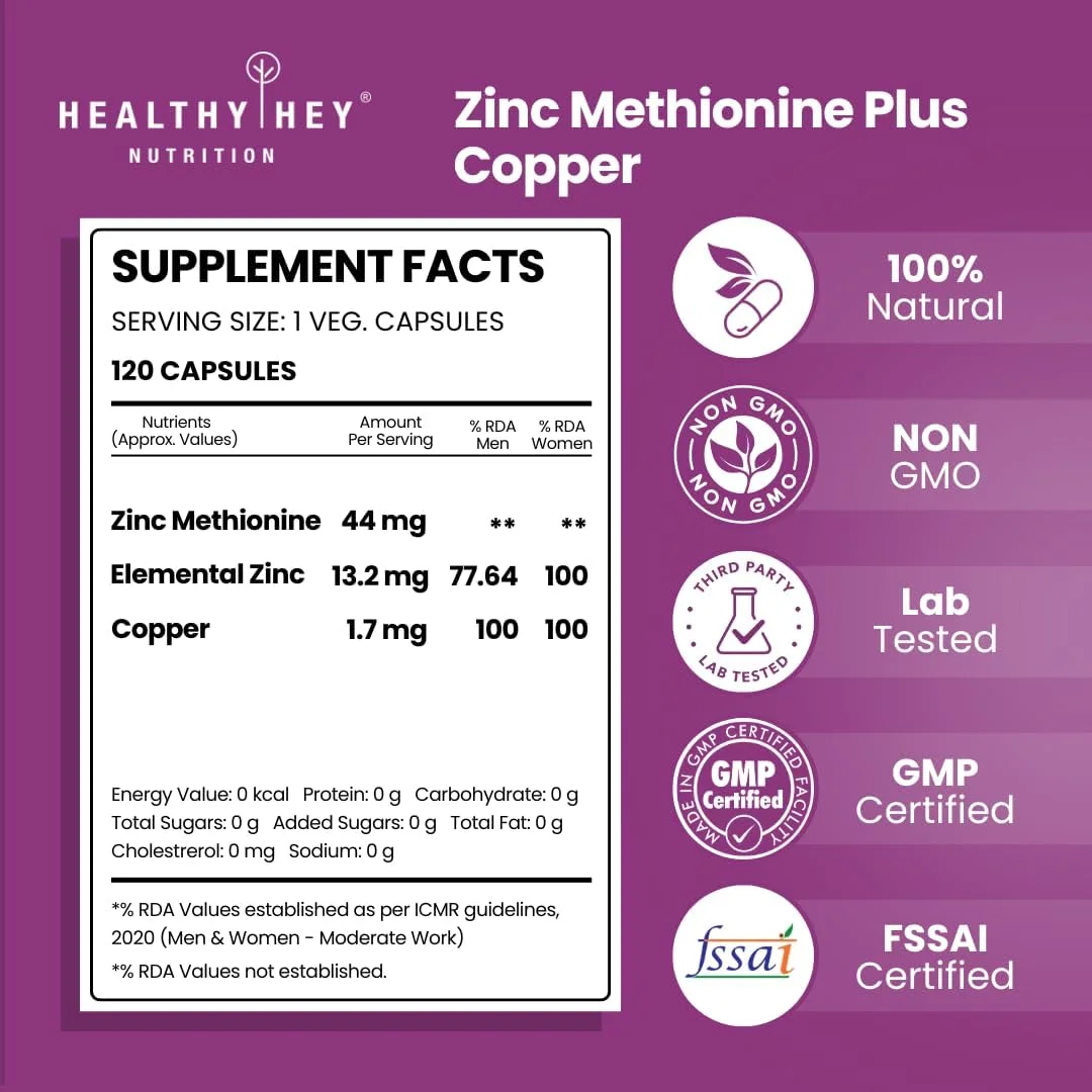 Healthyhey Nutrition زینک متیونین پلاس مس، پشتیبانی از سیستم ایمنی و محافظت آنتی اکسیدانی - 120 کپسول گیاهی
