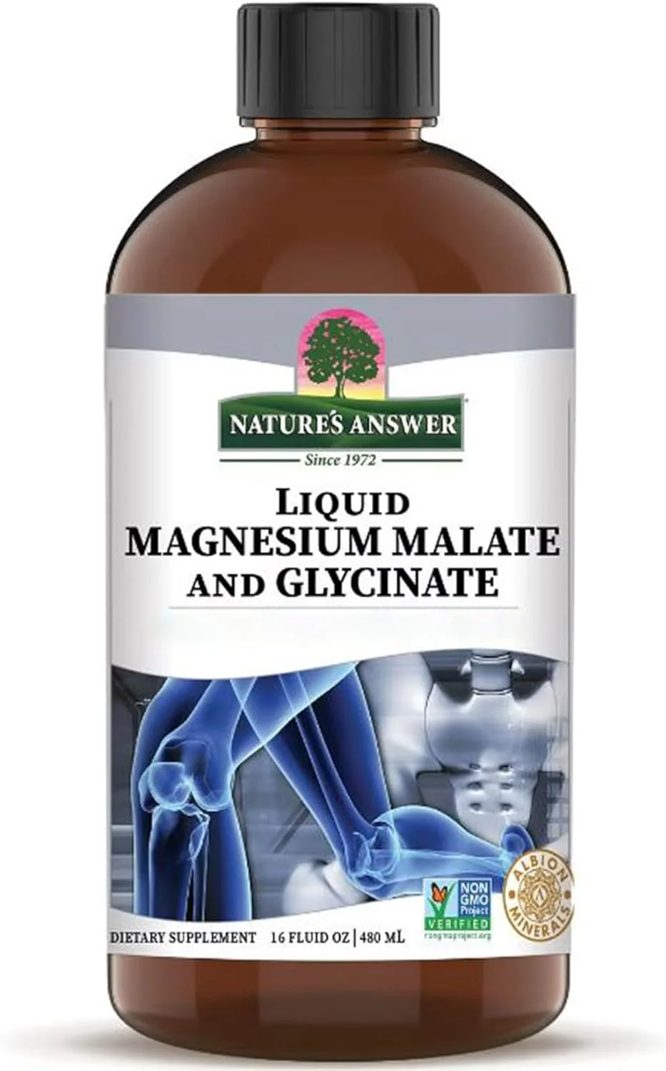 نِیچرز اَنسِر، منیزیم گلیسینات مایع (منیزیم گلیسینات مایع)، 200 میلی گرم، 480 میلی لیتر، وگان، تست شده در آزمایشگاه، فاقد گلوتن، فاقد سویا، گیاهخواری، فاقد GMO