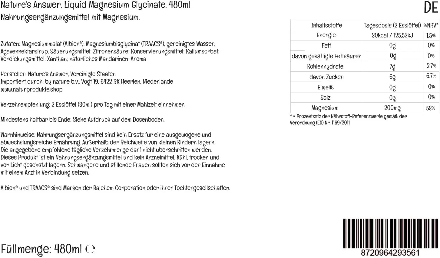 نِیچرز اَنسِر، منیزیم گلیسینات مایع (منیزیم گلیسینات مایع)، 200 میلی گرم، 480 میلی لیتر، وگان، تست شده در آزمایشگاه، فاقد گلوتن، فاقد سویا، گیاهخواری، فاقد GMO