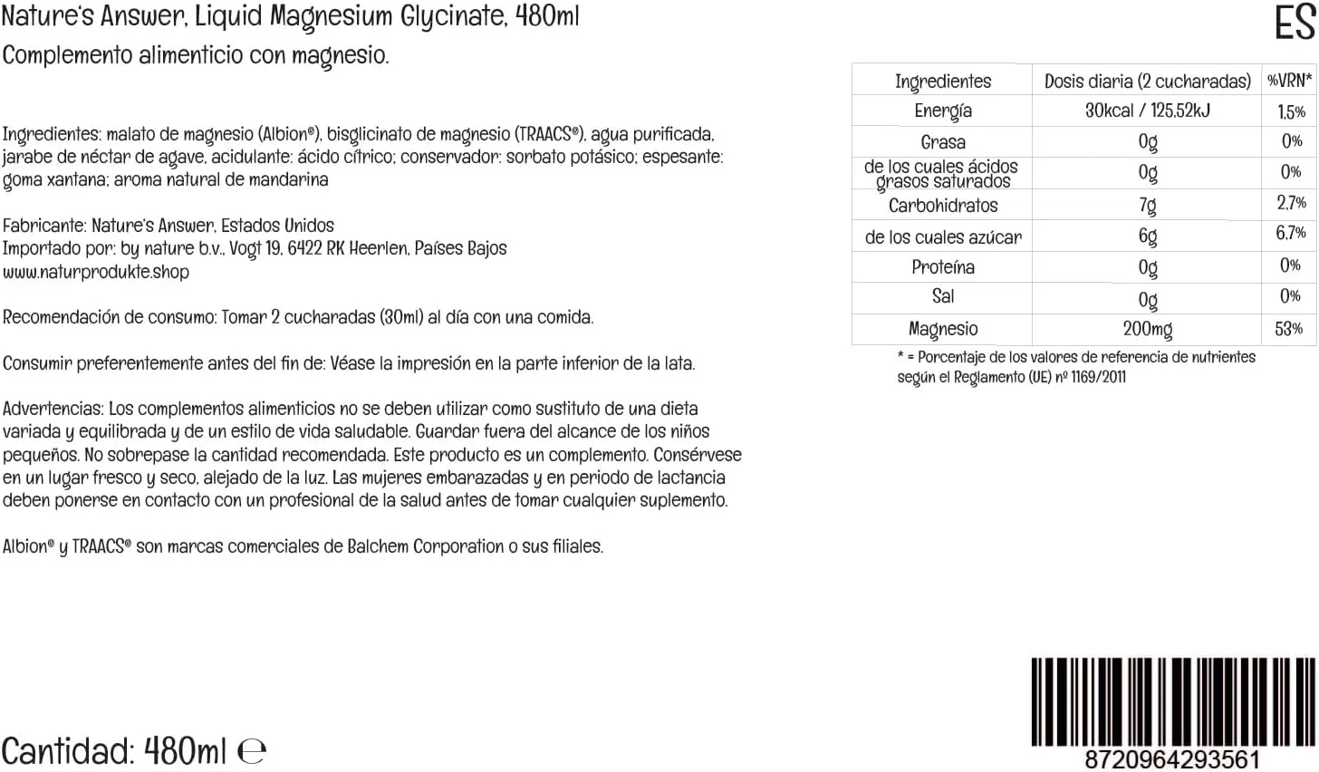 نِیچرز اَنسِر، منیزیم گلیسینات مایع (منیزیم گلیسینات مایع)، 200 میلی گرم، 480 میلی لیتر، وگان، تست شده در آزمایشگاه، فاقد گلوتن، فاقد سویا، گیاهخواری، فاقد GMO