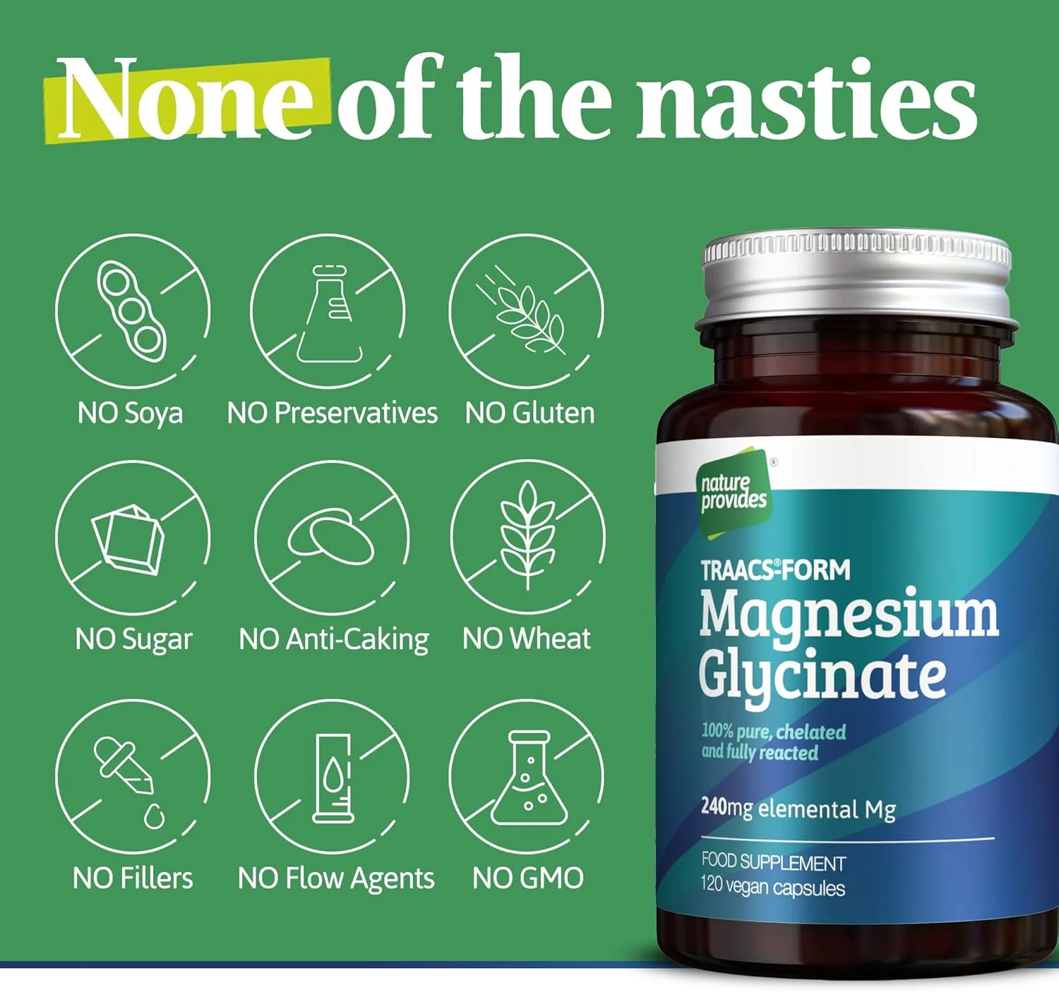 منیزیم گلیسینات نیچر پرووایدز 2400 میلی گرم، 120 کپسول گیاهی، 100% خالص، بدون مواد افزودنی، کلاته و با قابلیت جذب بسیار بالا. ساخت انگلستان. بدون پرکننده یا مواد جریان دهنده.