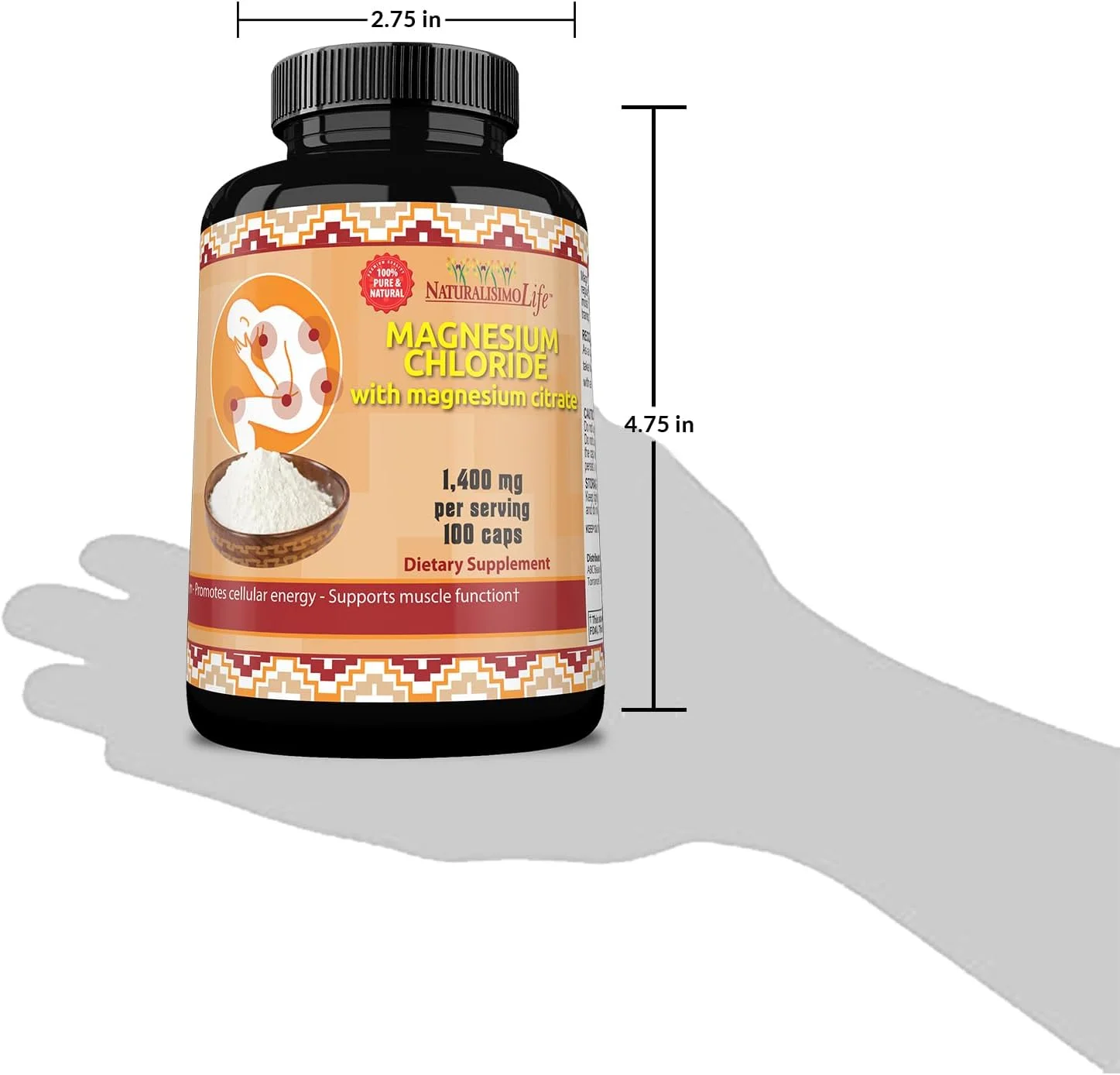 NaturalisimoLife منیزیم کلراید (کلرورو د منیزیو) 1400 در هر وعده 100 کپسول با جذب بالا به همراه منیزیم سیترات