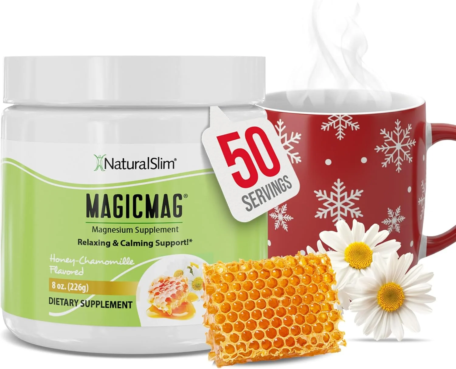 پودر سیترات منیزیم خالص نچرال اسلیم مجیک‌مگ، پشتیبانی از سلامت قلب، عضلات، خواب و کاهش استرس | مکمل منیزیم با طعم بابونه و عسل - مخلوط نوشیدنی ۲۲۶ گرمی (تکی)