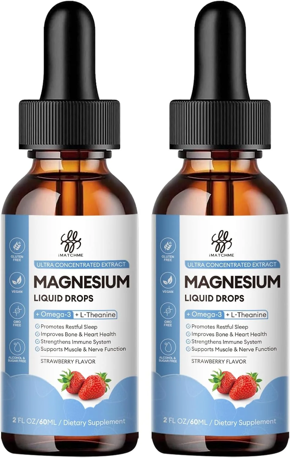 (دو بسته) قطره مایع منیزیم گلیسینات با سیترات، اکسید و تورات، منیزیم آرام‌بخش با امگا 3، ال-تیانین، D3، B6، B12 برای آرامش، خواب، گرفتگی عضلات پا، ماهیچه‌ها، انرژی، طعم توت فرنگی بدون شکر