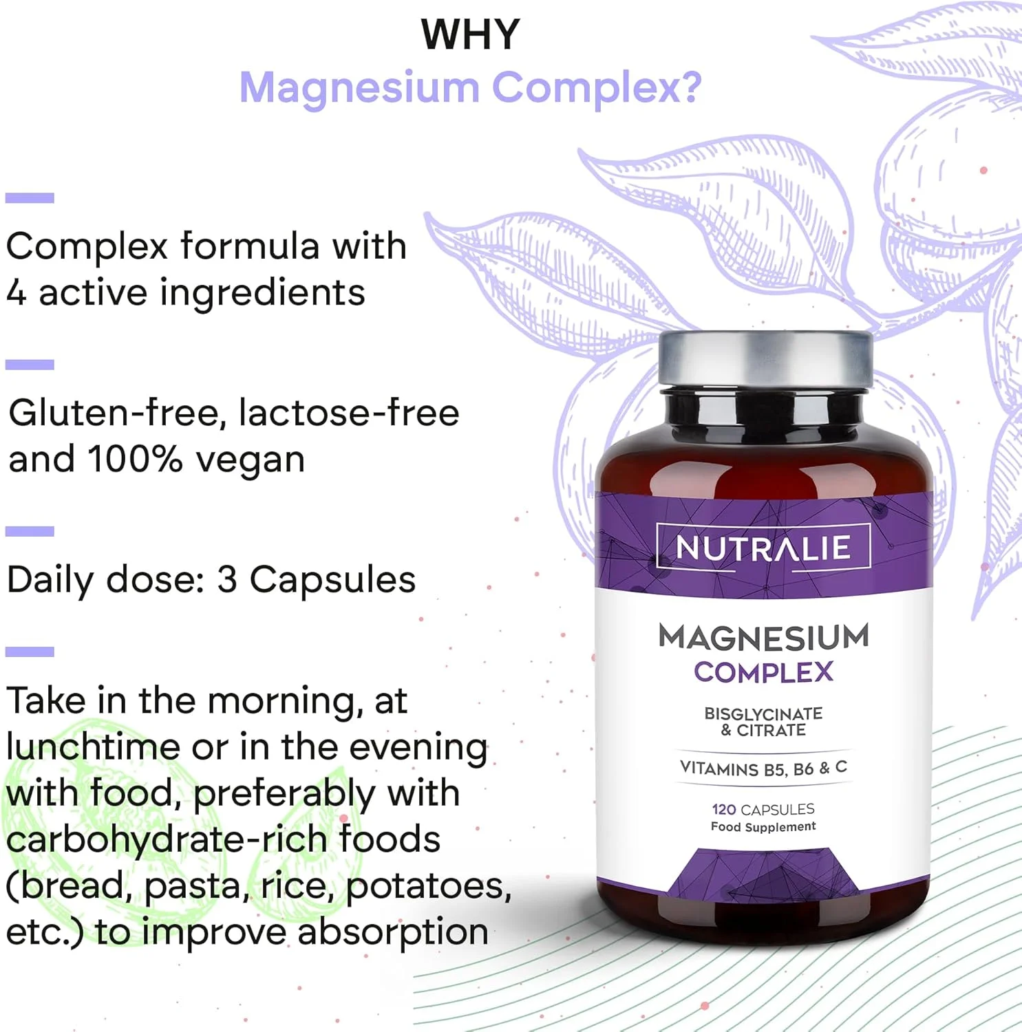 کمپلکس منیزیم گلیسینات - 2145 میلی گرم بیس گلیسینات + سیترات - مکمل های منیزیم - ویتامین های B5 + B6 + C - 120 کپسول گیاهی نوتریالی