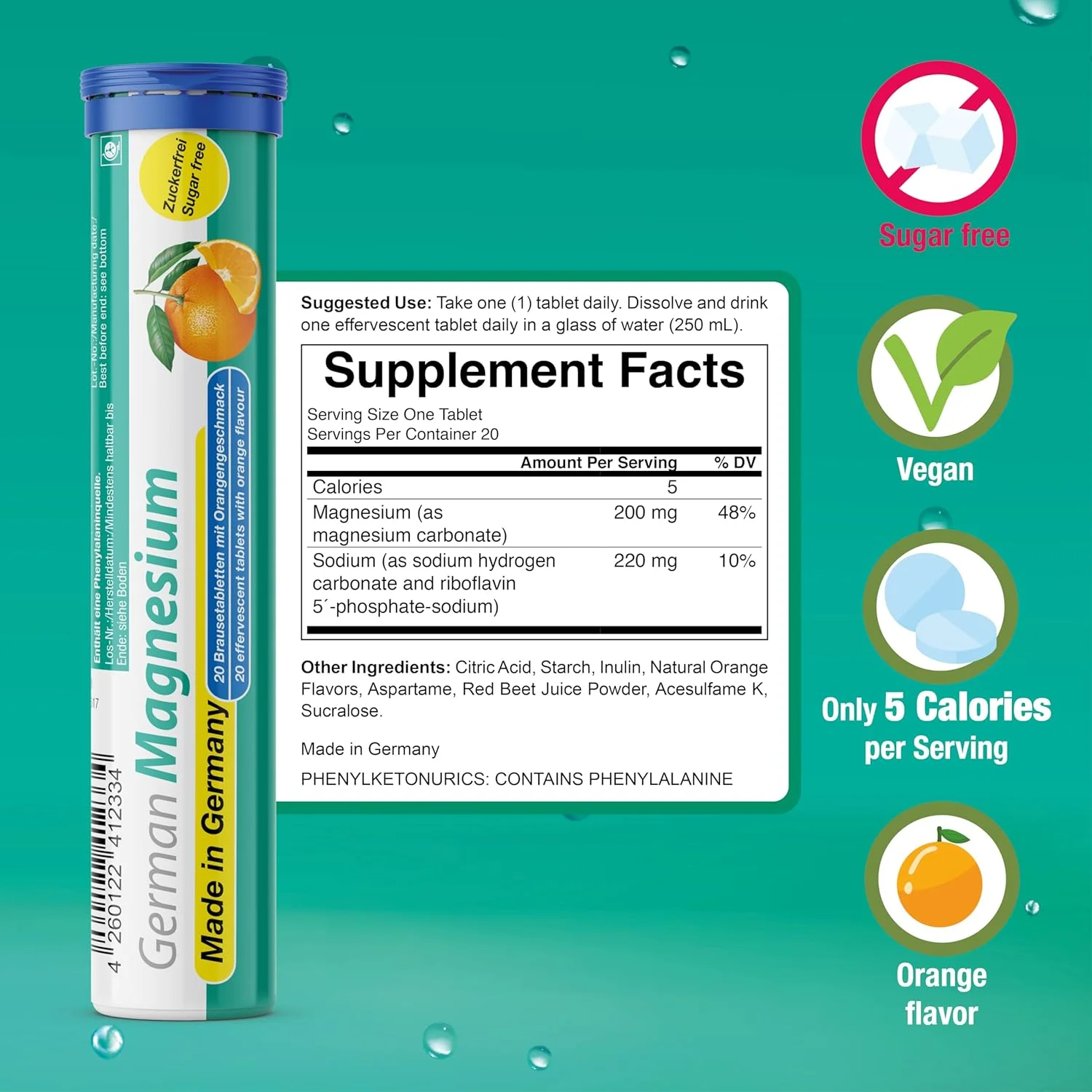 منیزیم 200 میلی گرم T&D - 5 بسته 20 عددی قرص جوشان - طعم پرتقال - منیزیم آلمانی T&D Pharma