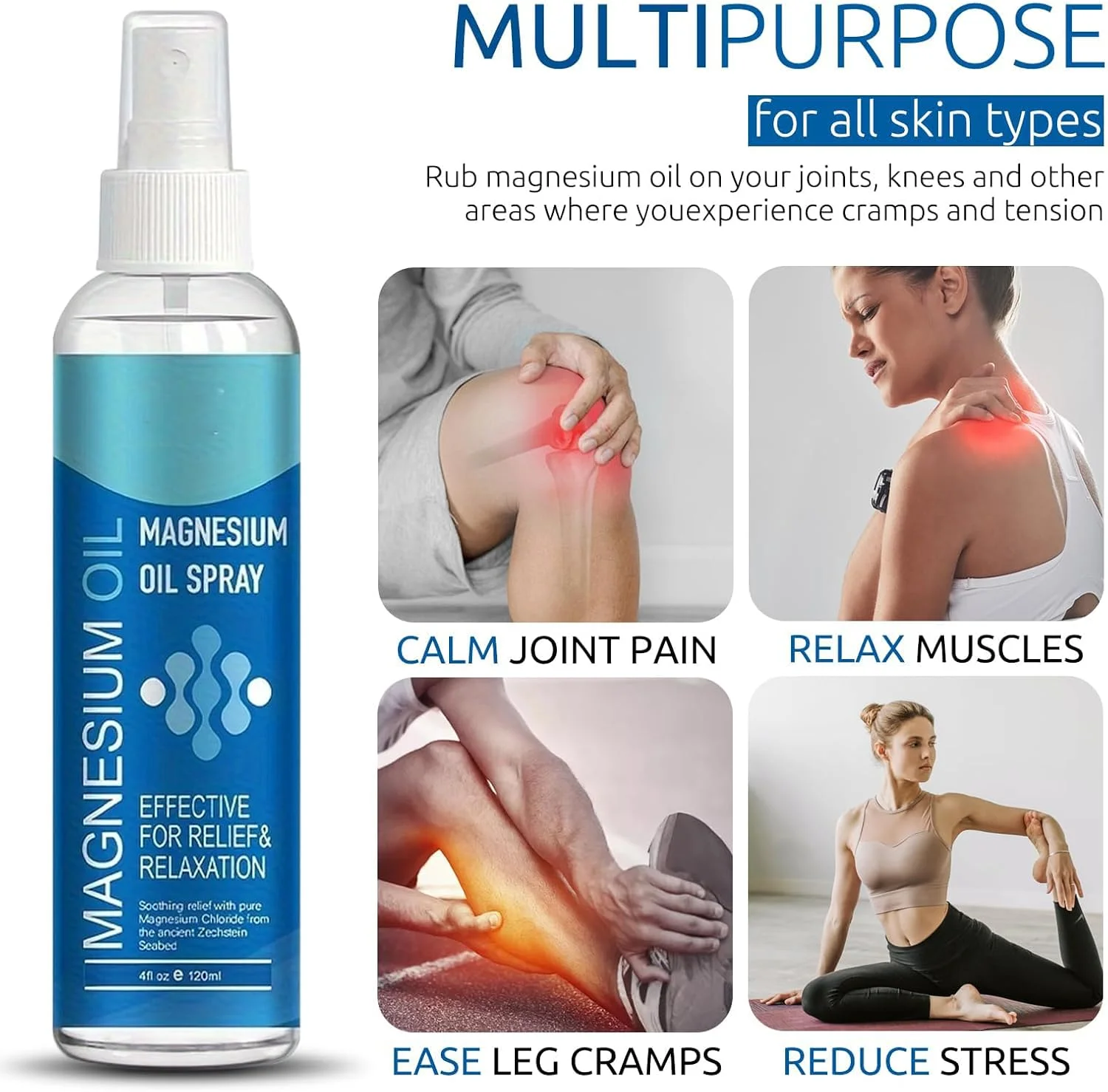 اسپری روغن منیزیم خالص، اسپری موضعی منیزیم روغن برای پاها، پوست و بدن، جذب و استفاده آسان، برای خواب، آرامش عضلات، تسکین دهنده، مرطوب کننده، زنان و مردان