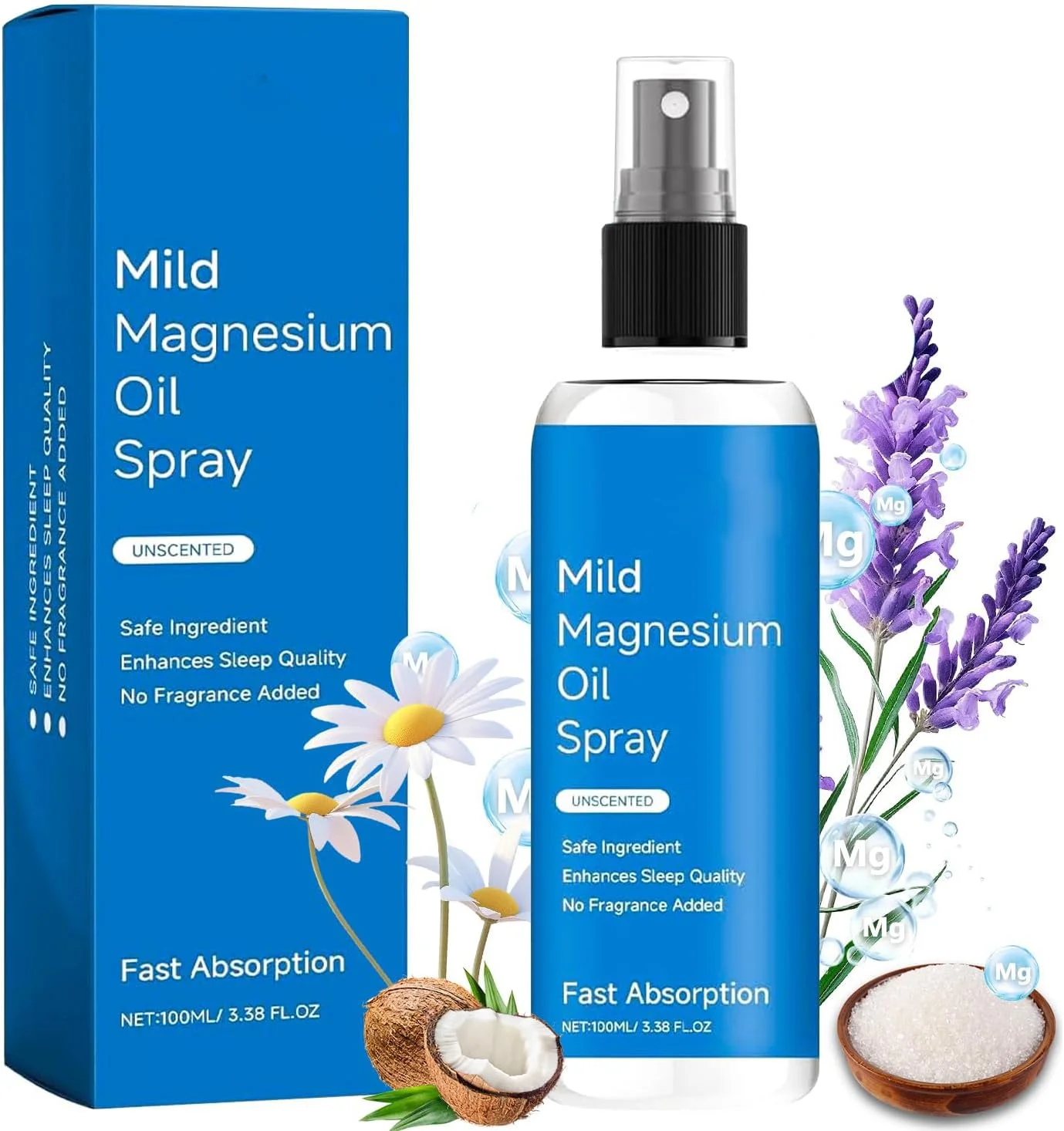 اسپری منیزیم، اسپری روغن منیزیم، بدون مواد معدنی ناسالم - اسپری منیزیم موضعی 100% خالص ارگانیک طبیعی برای پا، بدن، خواب و آرامش با جذب آسان (100 میلی لیتر)