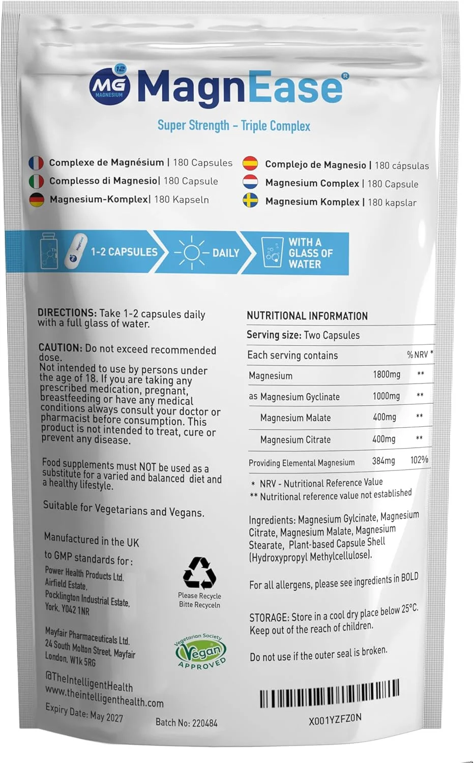 منیزیم هوشمند سلامت Magnease، قدرت فوق العاده 1800 میلی گرم - کمپلکس سه گانه با گلیسینات منیزیم، مالات و سیترات (180 عدد)