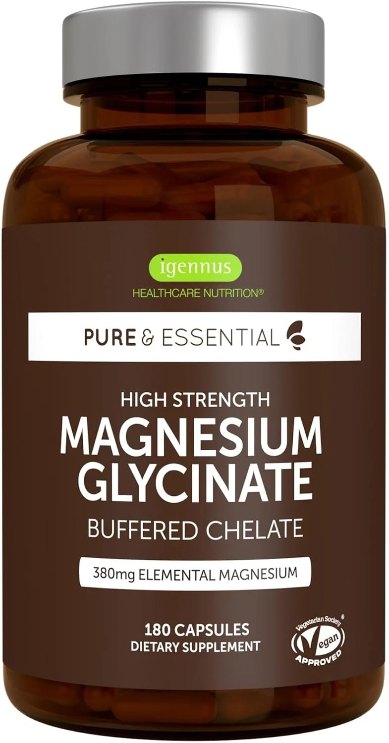 گلیسینات منیزیم با بالاترین قدرت ایگنوس، 1300 میلی گرم، 380 میلی گرم المنتال، 90 سروینگ، گلیسینات بیس گلیسینات منیزیم خالص و تمیز، وگان، 180 کپسول