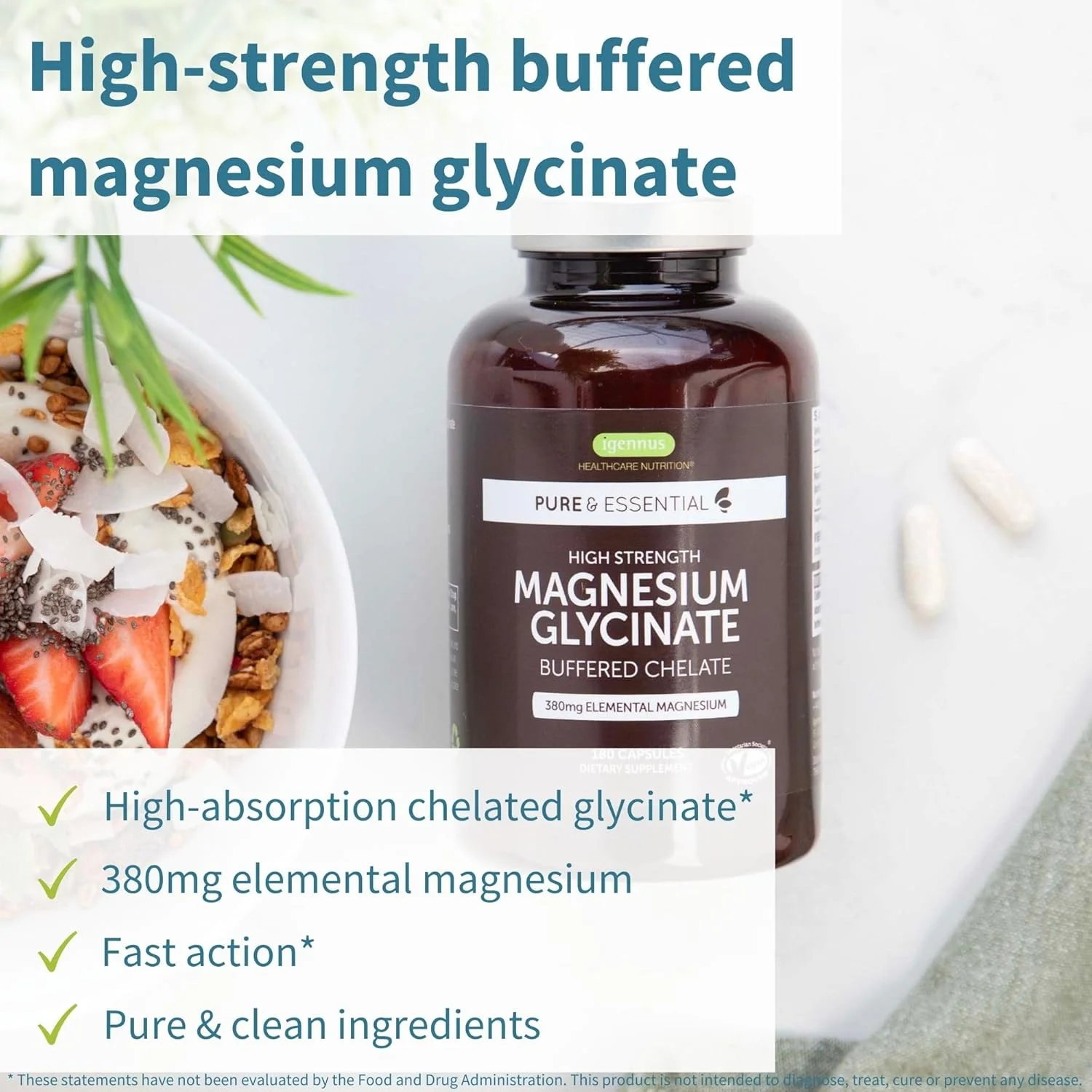 گلیسینات منیزیم با بالاترین قدرت ایگنوس، 1300 میلی گرم، 380 میلی گرم المنتال، 90 سروینگ، گلیسینات بیس گلیسینات منیزیم خالص و تمیز، وگان، 180 کپسول