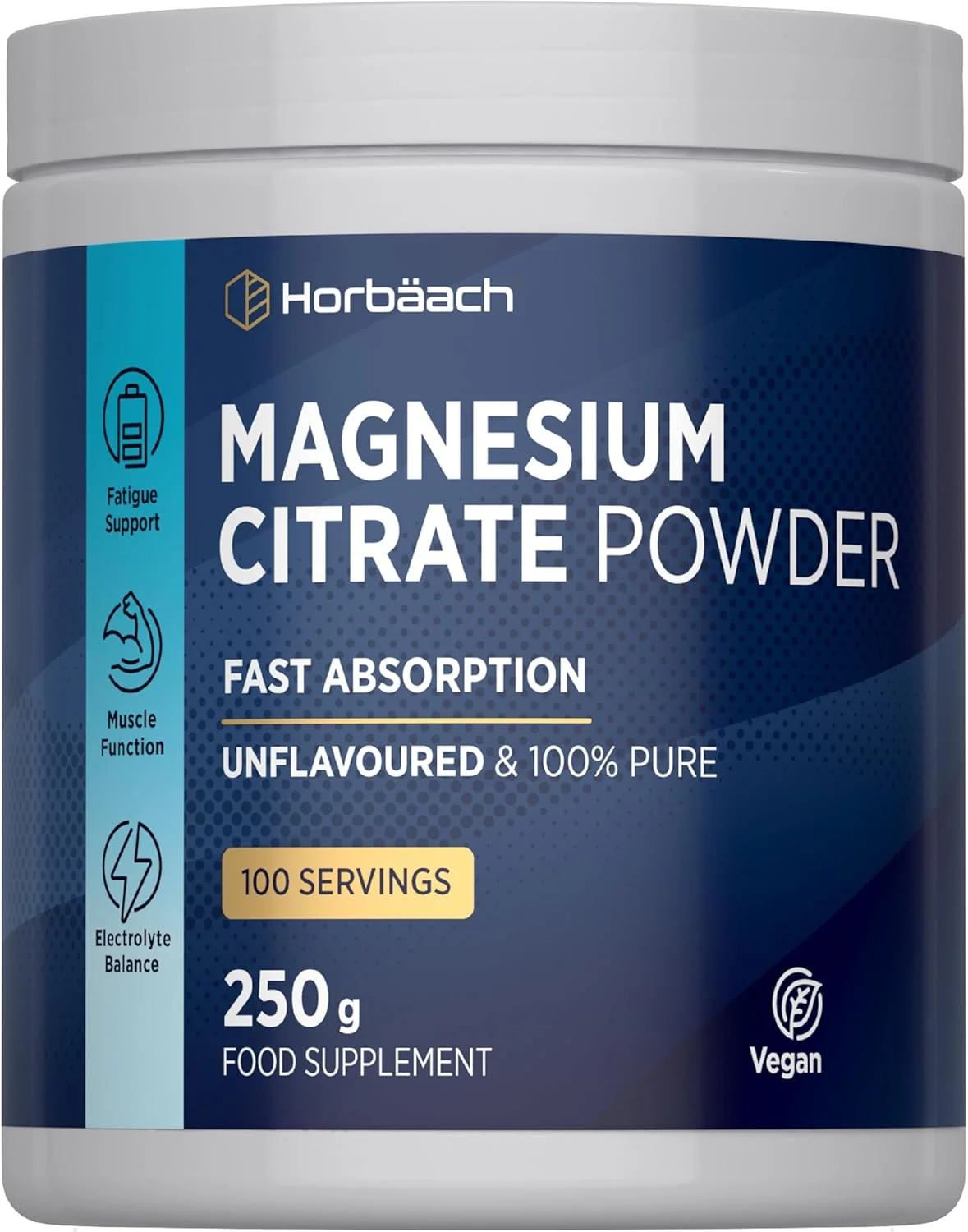 پودر سیترات منیزیم هورباخ | 250 گرم | وگان | پودر ممتاز مناسب برای آقایان و بانوان | تعادل الکترولیت و پشتیبانی از عملکرد عضلات | بدون طعم | بدون مواد نگهدارنده مصنوعی