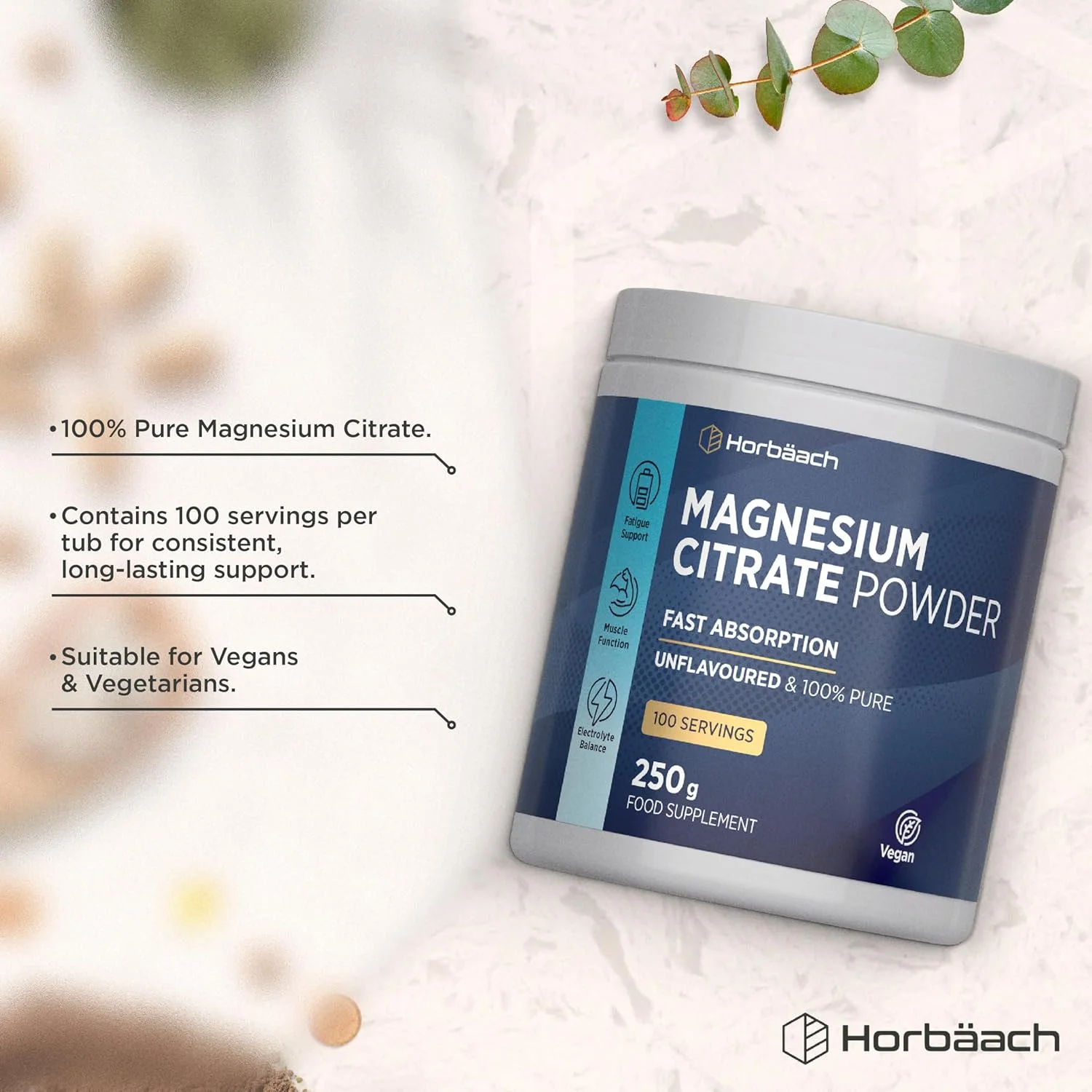 پودر سیترات منیزیم هورباخ | 250 گرم | وگان | پودر ممتاز مناسب برای آقایان و بانوان | تعادل الکترولیت و پشتیبانی از عملکرد عضلات | بدون طعم | بدون مواد نگهدارنده مصنوعی