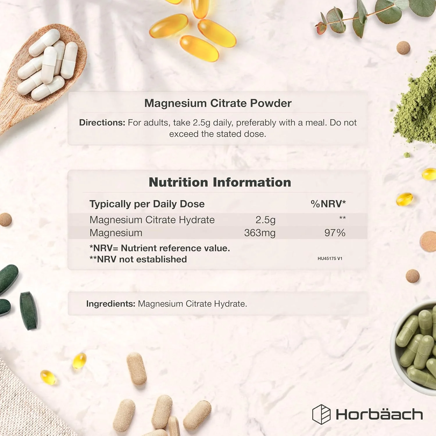 پودر سیترات منیزیم هورباخ | 250 گرم | وگان | پودر ممتاز مناسب برای آقایان و بانوان | تعادل الکترولیت و پشتیبانی از عملکرد عضلات | بدون طعم | بدون مواد نگهدارنده مصنوعی