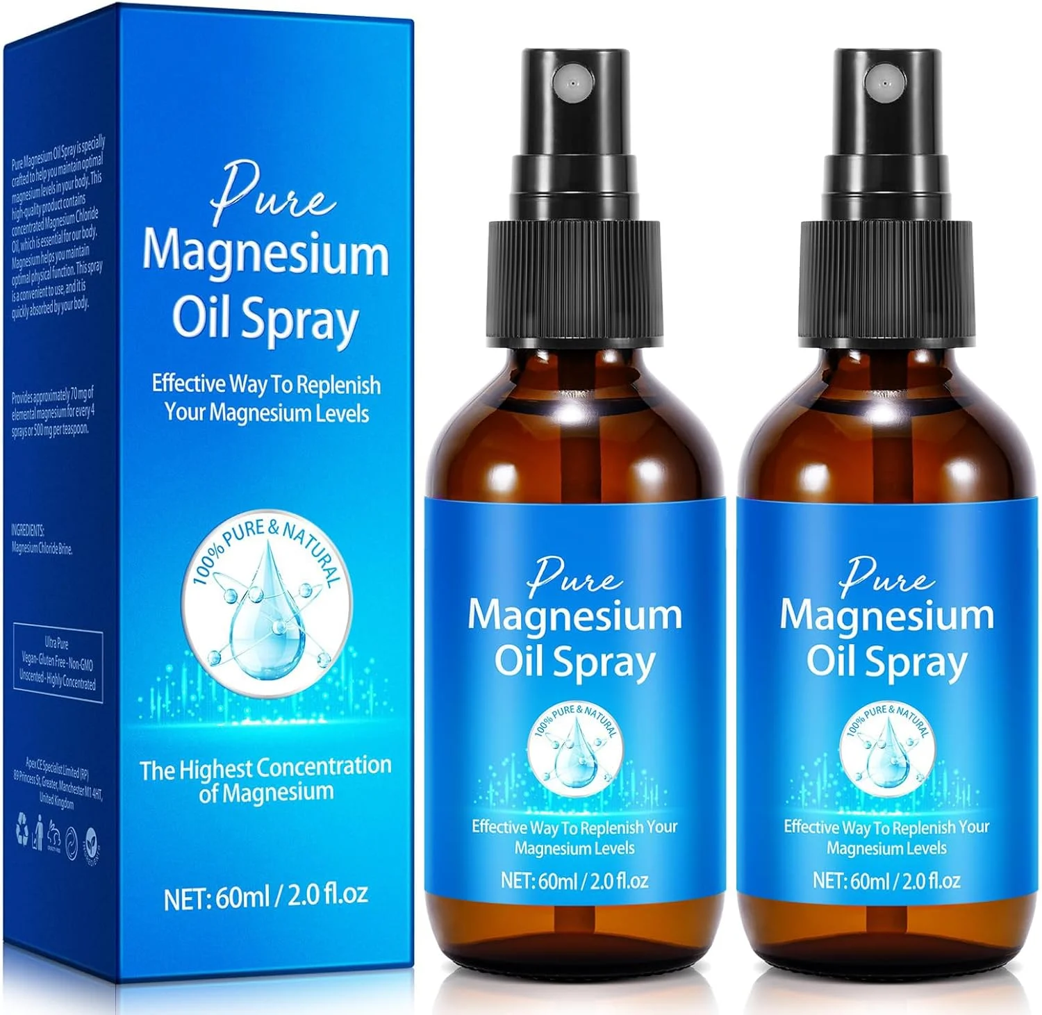 اسپری روغن منیزیم خالص، منیزیم طبیعی برای خواب و کاهش اضطراب، اسپری افزایش انرژی در بطری شیشه ای، جذب و استفاده آسان، اسپری روغن منیزیم برای پا، پوست و بدن (2 عدد)