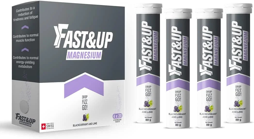 قرص منیزیم Fast&Up - ۳۰۰ میلی گرم منیزیم و ۱۰ میلی گرم روی - بسته چندتایی اقتصادی - ۸۰ عدد (۴ بسته ۲۰ تایی) - طعم خوشمزه انگور فرنگی سیاه و لیمو