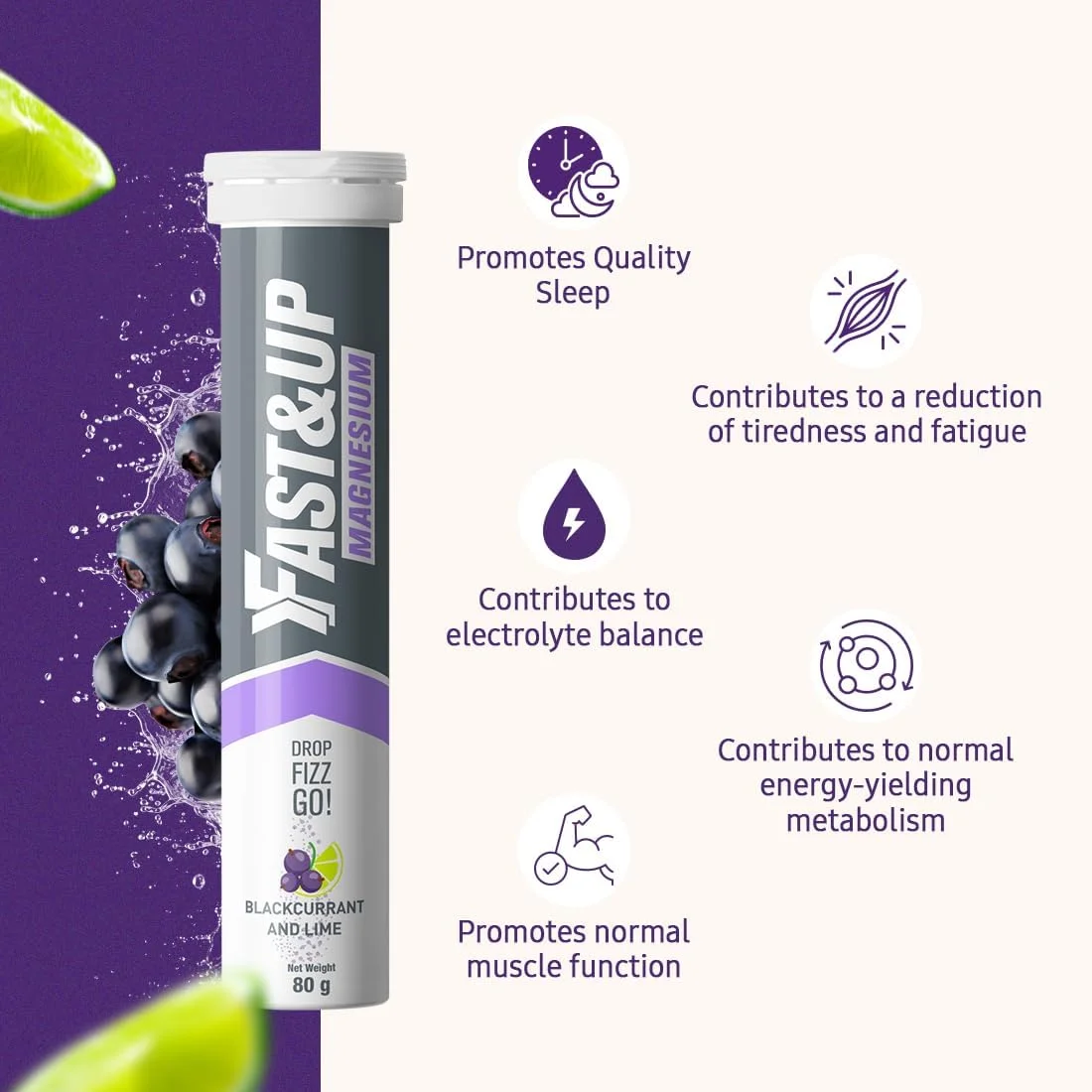 قرص منیزیم Fast&Up - ۳۰۰ میلی گرم منیزیم و ۱۰ میلی گرم روی - بسته چندتایی اقتصادی - ۸۰ عدد (۴ بسته ۲۰ تایی) - طعم خوشمزه انگور فرنگی سیاه و لیمو