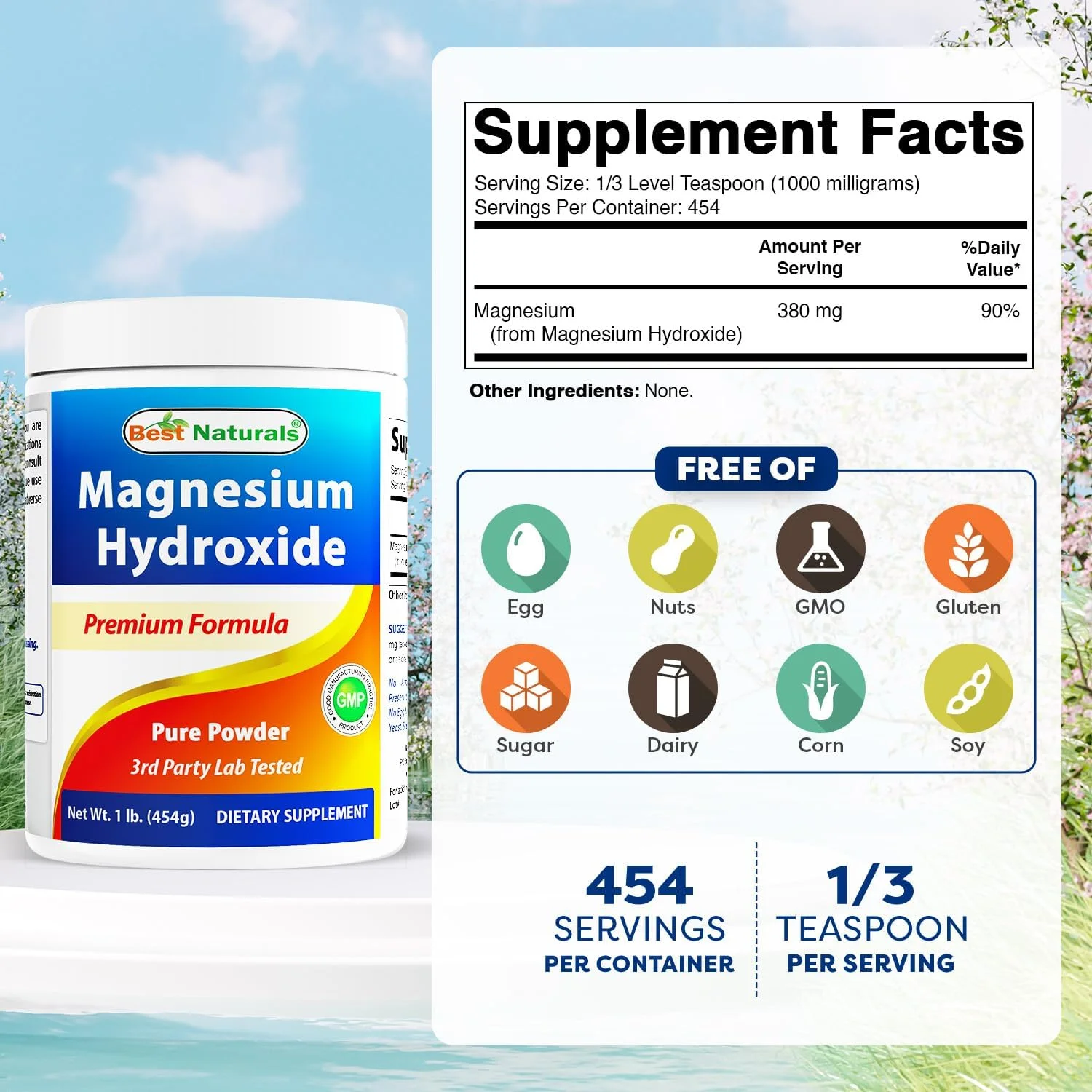 پودر منیزیم هیدروکسید نچرالز - 380 میلی گرم منیزیم در هر وعده - 454 وعده در هر بسته - 453 گرم