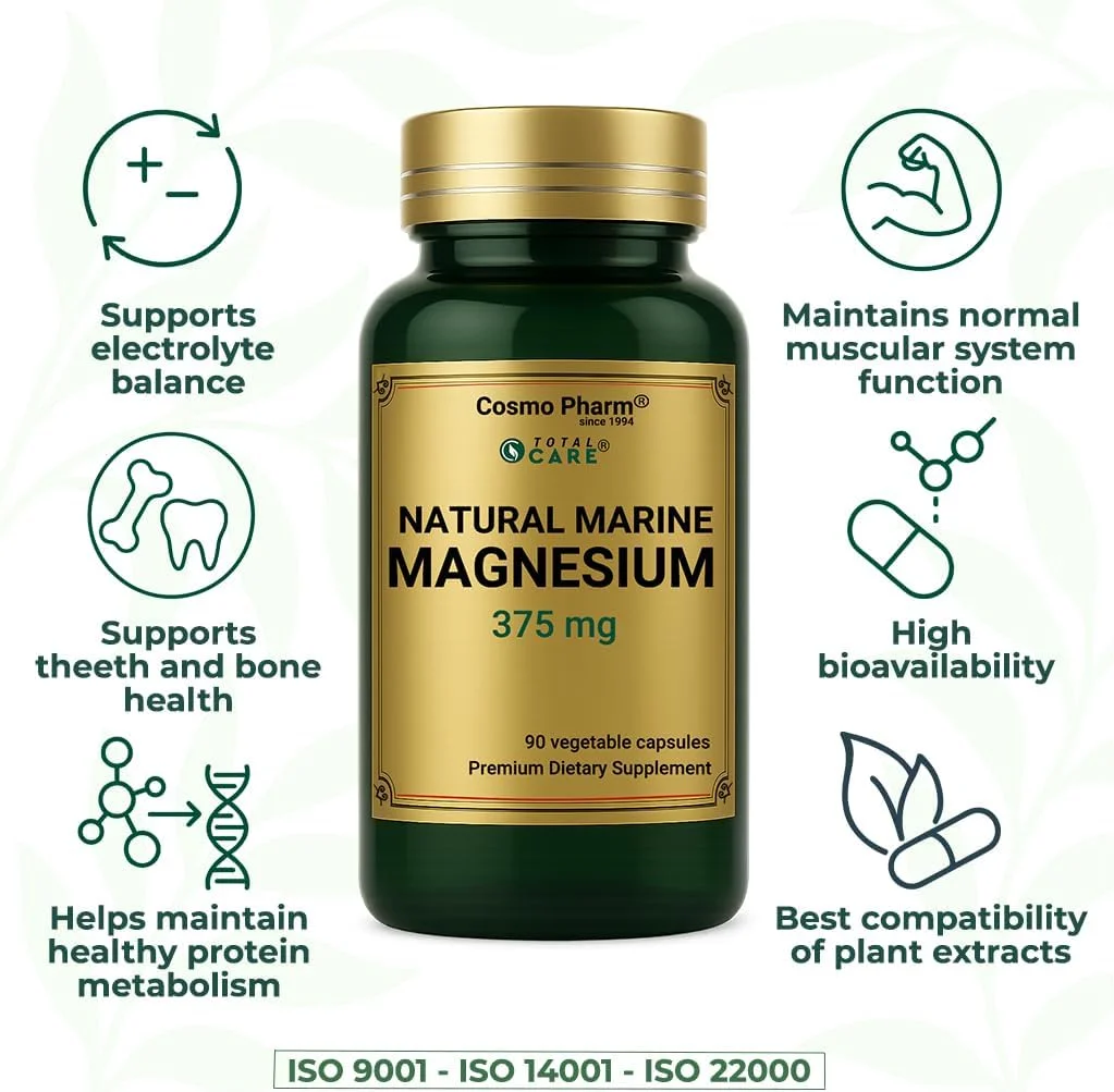 منیزیم دریایی طبیعی 375 میلی گرم - کپسول گیاهی - 100% مقدار توصیه شده روزانه - فرمول گیاهی - 90 کپسول گیاهی