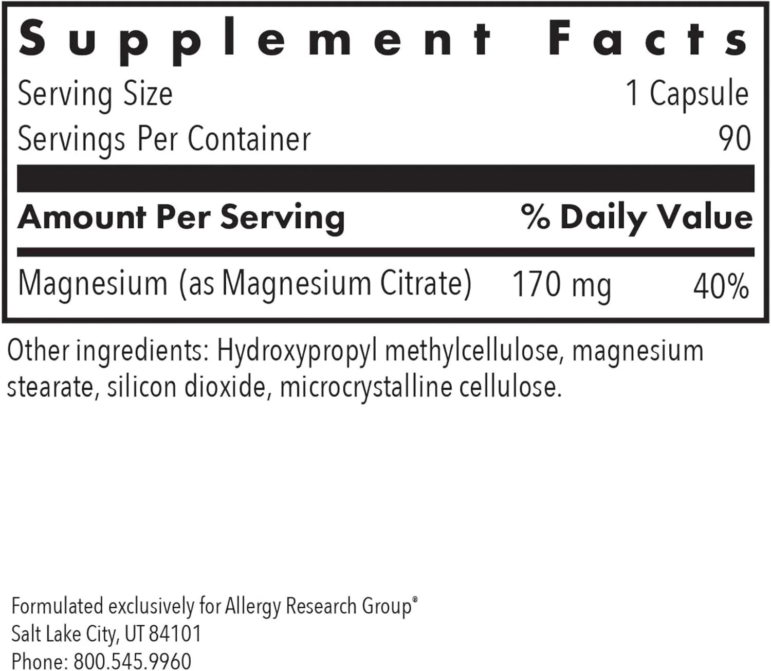 گروه تحقیقات آلرژی - سیترات منیزیم - جذب خوب، پشتیبانی از استخوان و کاهش استرس - 90 کپسول گیاهی
