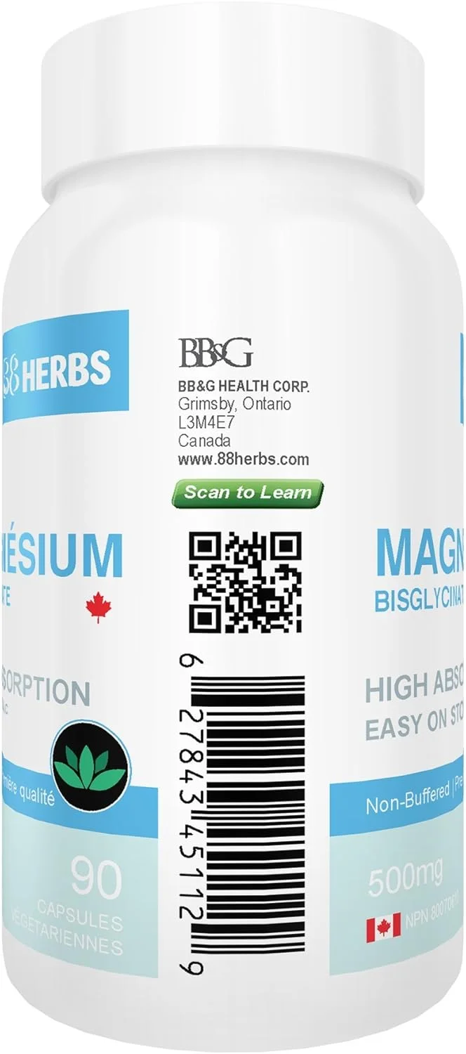 بیس گلیسینات منیزیم 88herbs - بالاترین میزان جذب - درجه ممتاز - بدون مواد افزودنی - غیر بافر شده - 90 کپسول گیاهی - 500 میلی گرم بیس گلیسینات منیزیم در هر کپسول (50 میلی گرم منیزیم المنتال)