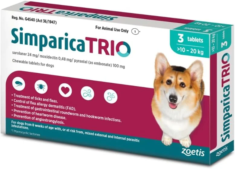 قرص های جویدنی سیمپاریکا تریو برای سگ ها با وزن 10 تا 20 کیلوگرم (3 عدد)