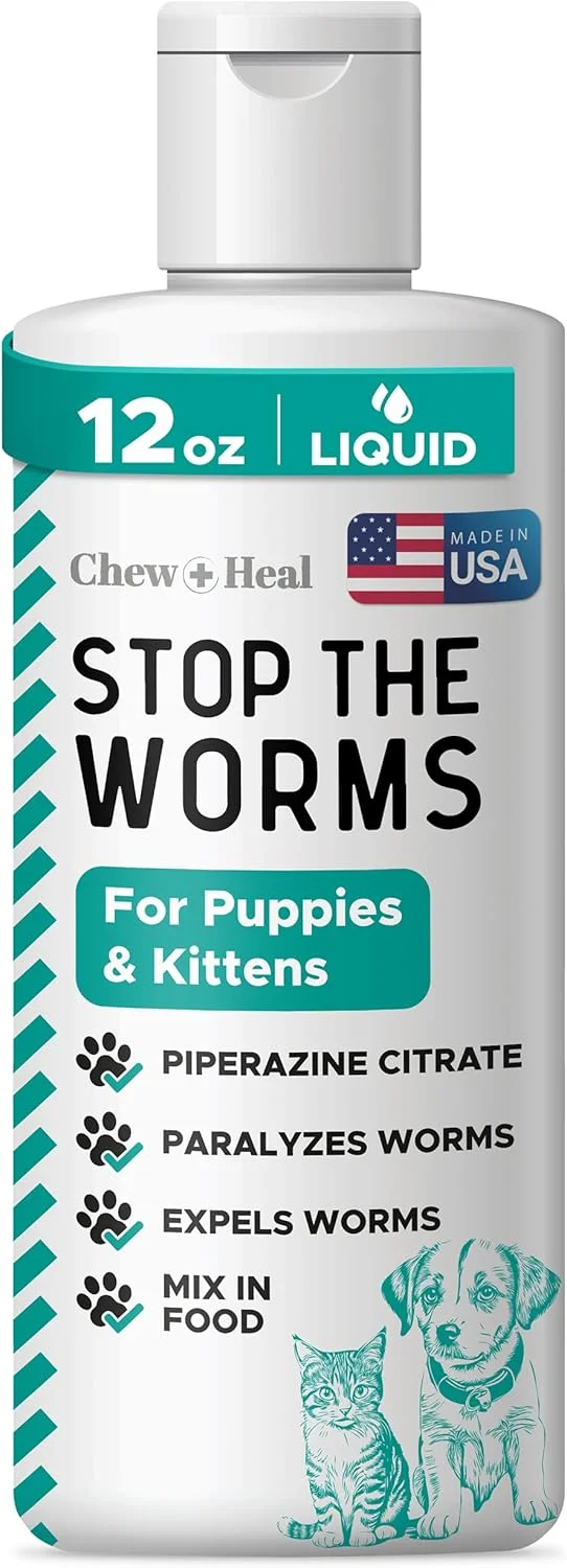 مایع ضد انگل سگ و گربه Chew + Heal Labs - ۳۵۵ میلی لیتر مایع ضد انگل برای فلج و دفع کرم های گرد - ضد انگل بچه گربه و توله سگ