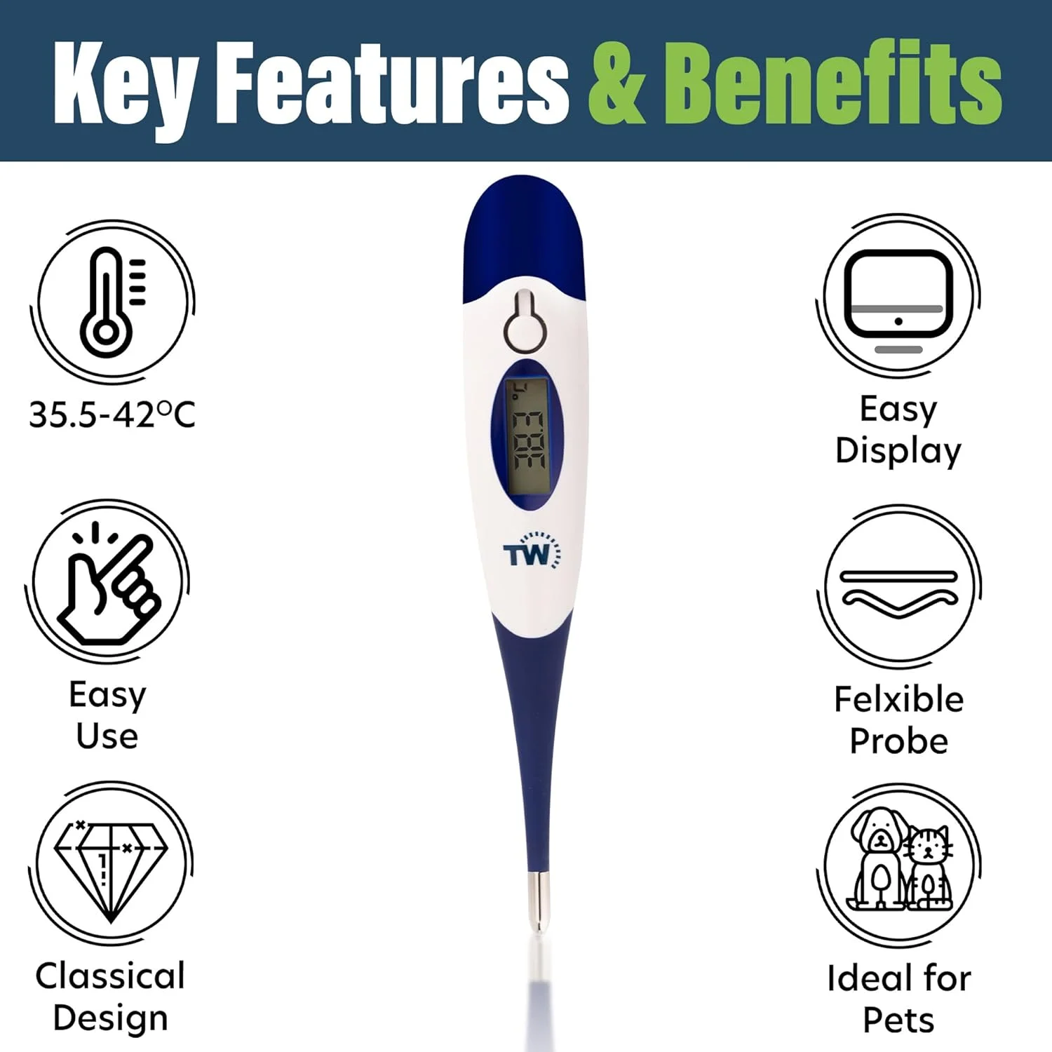 دماسنج دیجیتال حیوانات خانگی برای صاحبان سگ، گربه، اسب و دامپزشکان، دارای پروب انعطاف پذیر و نمودار