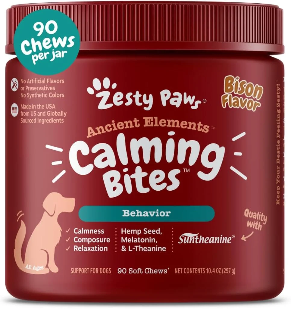 تشویقی آرام‌بخش سگ زستی پاوز - آرامش و ریلکسیشن برای استرس روزانه و جدایی - برای آتش‌بازی، طوفان و مسافرت - طعم بوفالو - 90 عدد