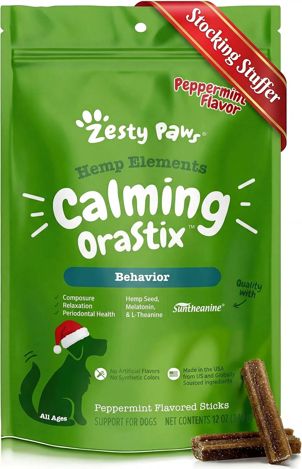 Zesty Paws OraStix برای سگ ها - استیک های دندانی آرام بخش برای کاهش استرس با گیاه شاهدانه، ملاتونین و بابونه، مناسب برای سلامت دندان و لثه سگ، ایجاد آرامش در شرایط آتش بازی و رعد و برق - 340 گرم