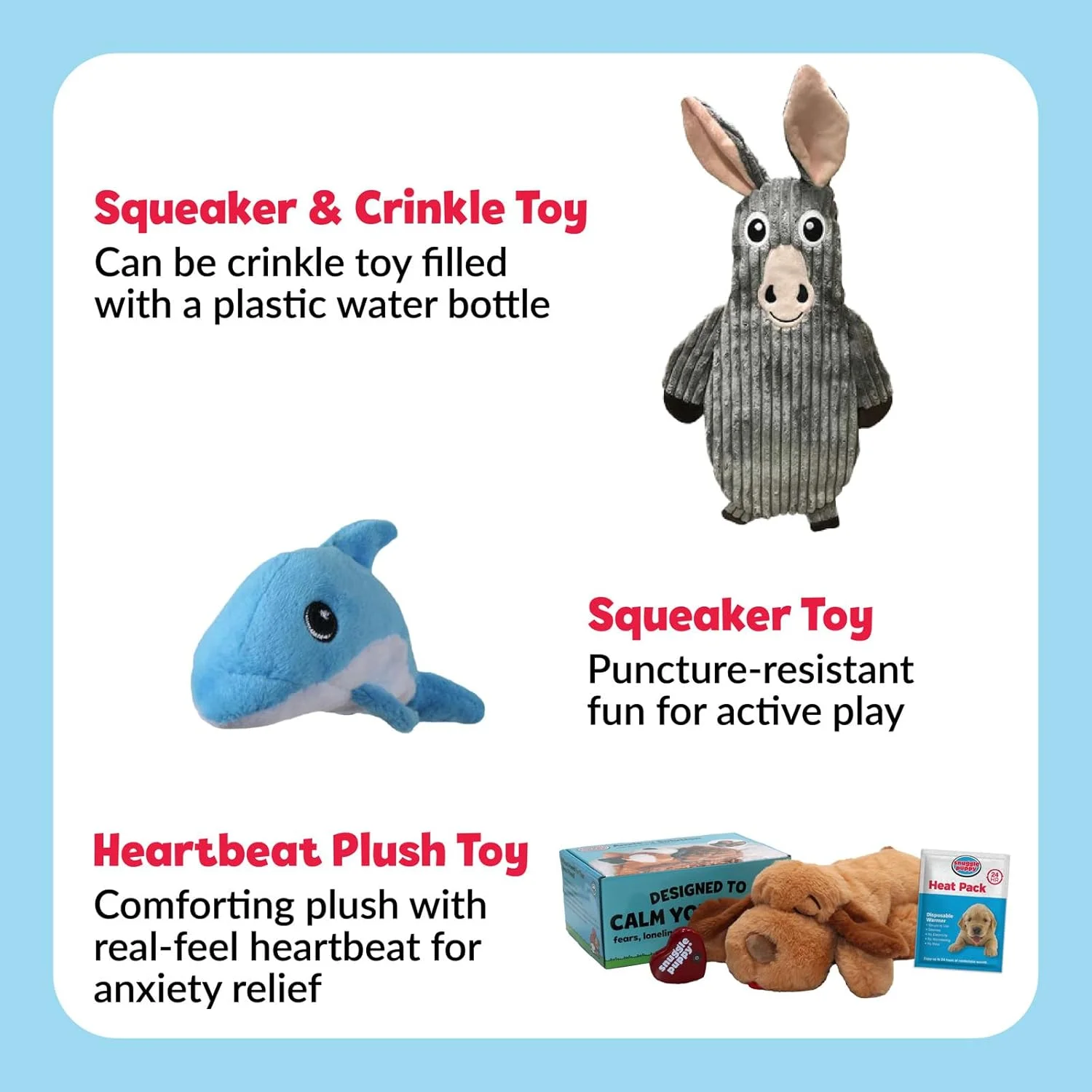 اسباب بازی سگ مدل Snuggle Puppy Original، اسباب بازی سگ با ضربان قلب آرامش بخش، همراه نرم و آرامش دهنده کاهش دهنده اضطراب حیوان خانگی، شامل بسته گرمایشی و باتری + 2 اسباب بازی سگ Tender-Tuff، اسباب بازی جیر جیر کننده و چروک