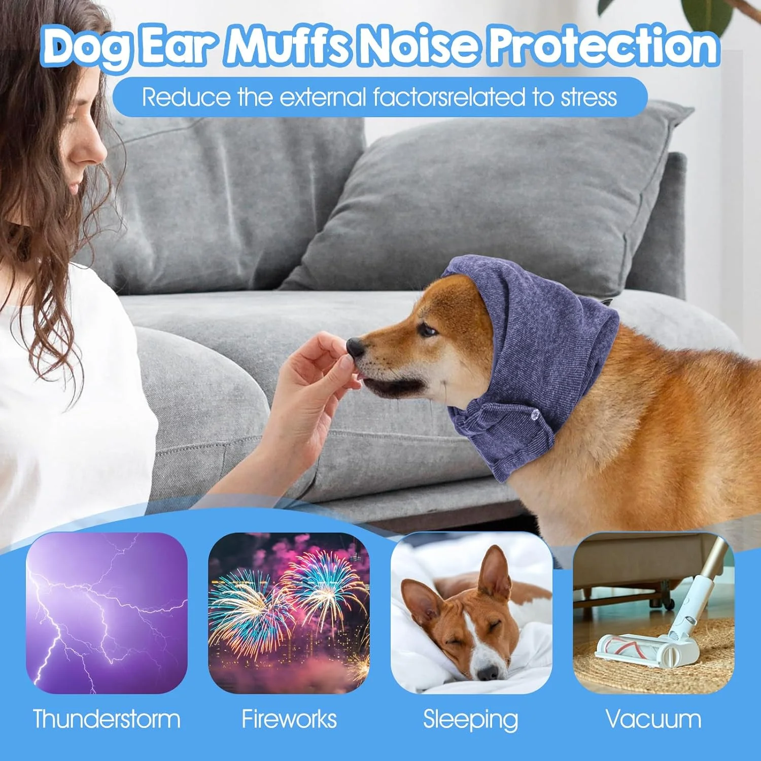 هودی آرامش بخش سگ، پوشش گوش سگ قابل تنظیم، محافظ گوش سگ تنفسی بدون لرزش با سگک چسبی برای کاهش اضطراب، کاهش صدا، آتش بازی، نظافت و خشک کردن (بنفش روشن، L)