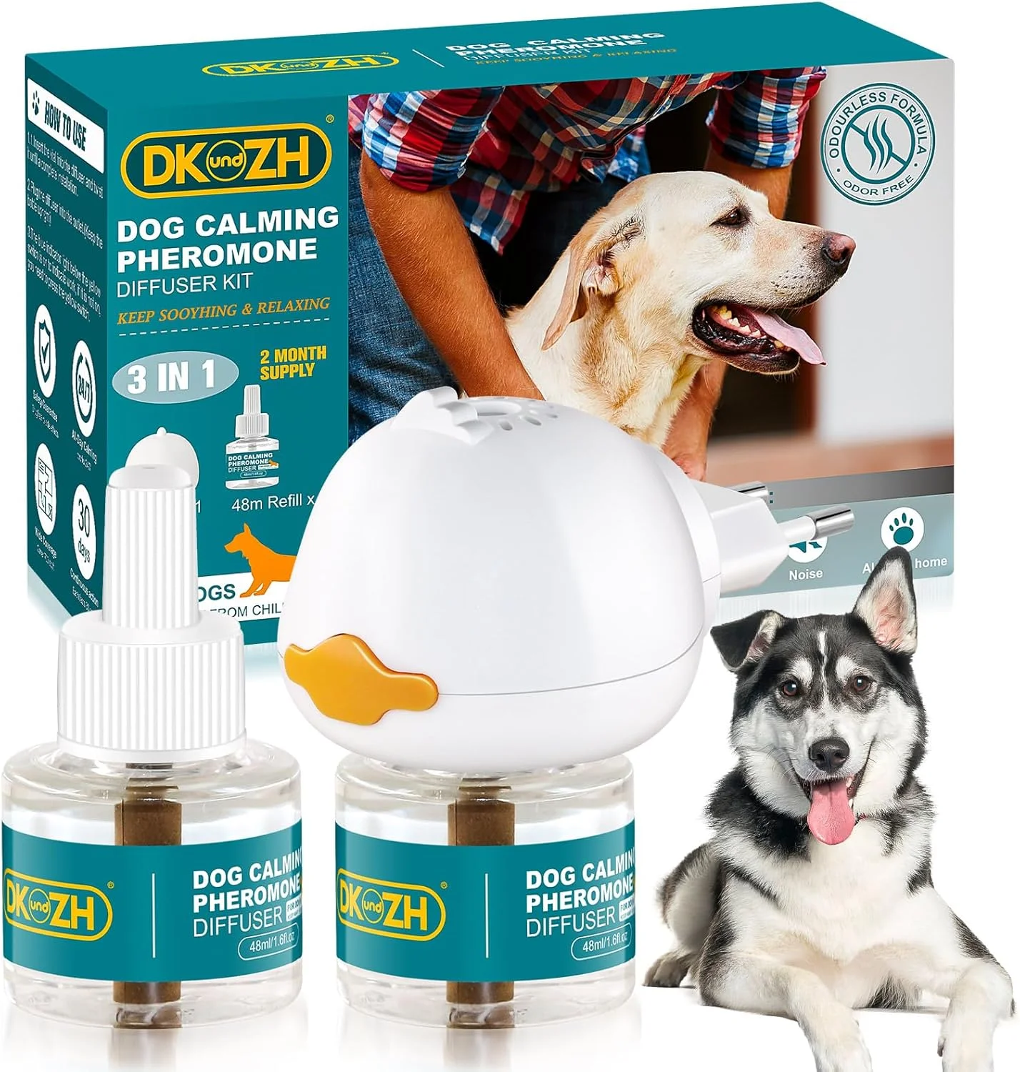 پخش کننده آرامش بخش فرمون سگ، کیت پخش کننده فرمون سگ 3 در 1 با 1 پخش کننده + 2 ویال 48 میلی لیتری برای استفاده 60 روزه، کاهش اضطراب جدایی، پرخاشگری و استرس