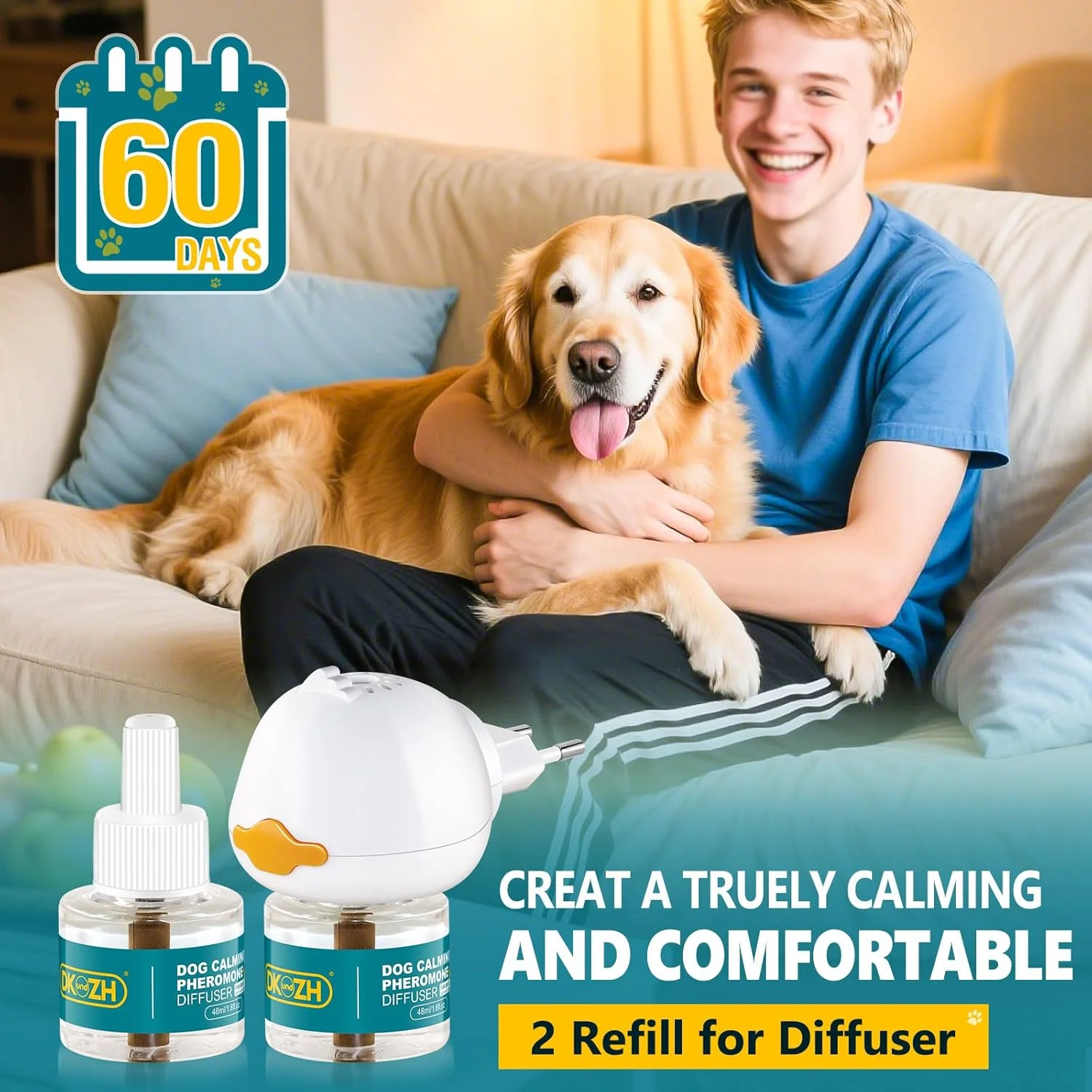 پخش کننده آرامش بخش فرمون سگ، کیت پخش کننده فرمون سگ 3 در 1 با 1 پخش کننده + 2 ویال 48 میلی لیتری برای استفاده 60 روزه، کاهش اضطراب جدایی، پرخاشگری و استرس