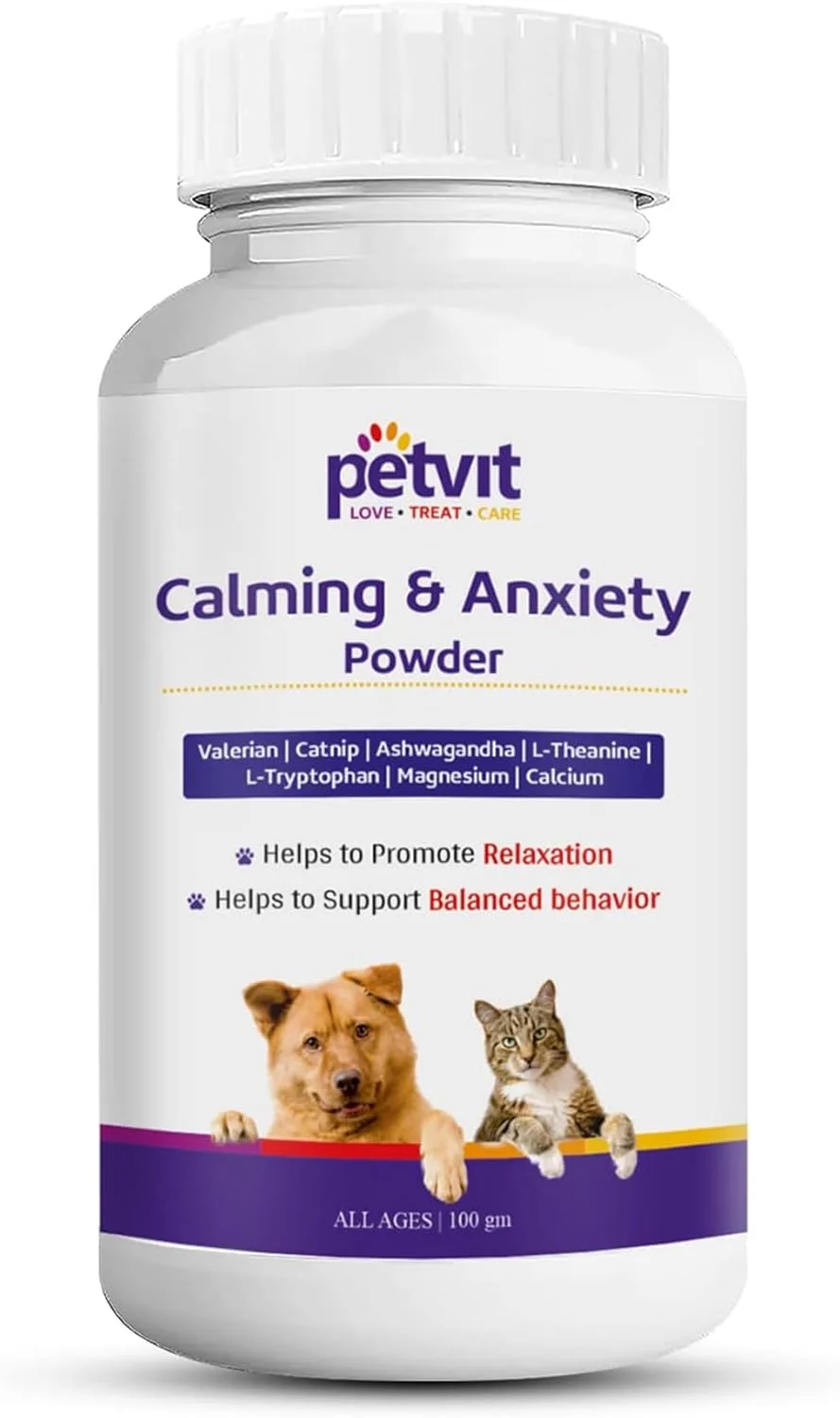 پودر آرام‌بخش و ضد اضطراب پت‌ویت 100 گرمی | مکمل‌ها و ویتامین‌ها | تسکین استرس گربه و سگ | مواد طبیعی | کمک در طول سفر، رعد و برق، آتش بازی، اضطراب |