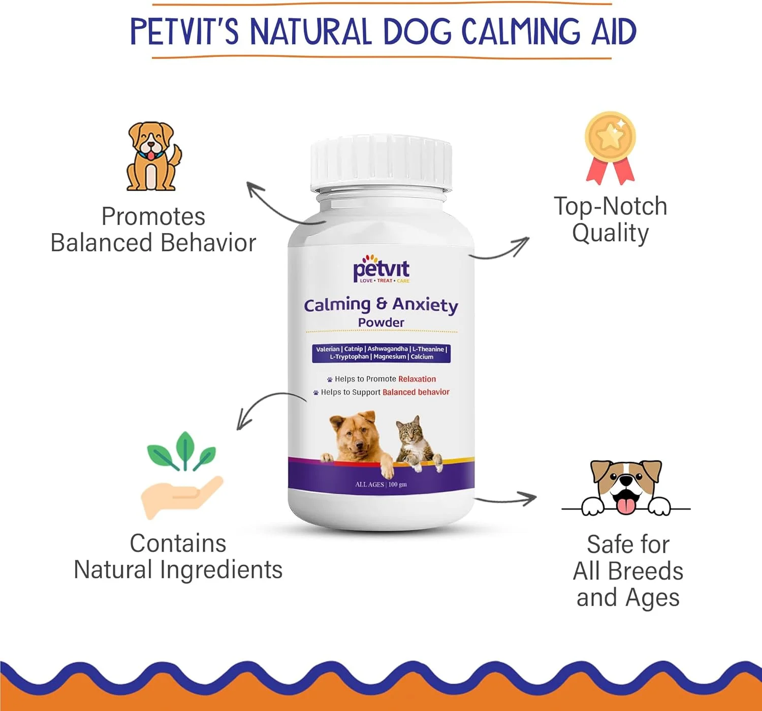 پودر آرام‌بخش و ضد اضطراب پت‌ویت 100 گرمی | مکمل‌ها و ویتامین‌ها | تسکین استرس گربه و سگ | مواد طبیعی | کمک در طول سفر، رعد و برق، آتش بازی، اضطراب |