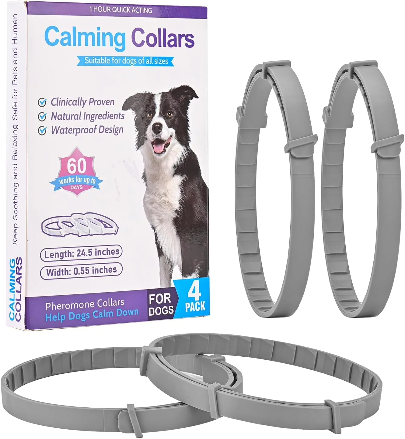 قلاده آرامبخش سگ - تسکین اضطراب برای سگ ها، راحتی قابل تنظیم برای استرس، جدایی، صدا و ویزیت دامپزشک، برای توله سگ ها تا سگ های مسن (خاکستری) - بسته 4 عددی