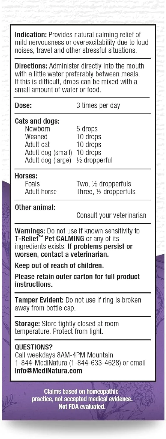 قطره آرامبخش حیوانات خانگی مدی ناتورا T-Relief، راه حل طبیعی برای آسایش و رفع بی قراری با بابونه + 9 ماده فعال التیام بخش استرس هومیوپاتیک - ترکیب گیاهی آرامش بخش برای سگ و گربه - 50 میلی لیتر