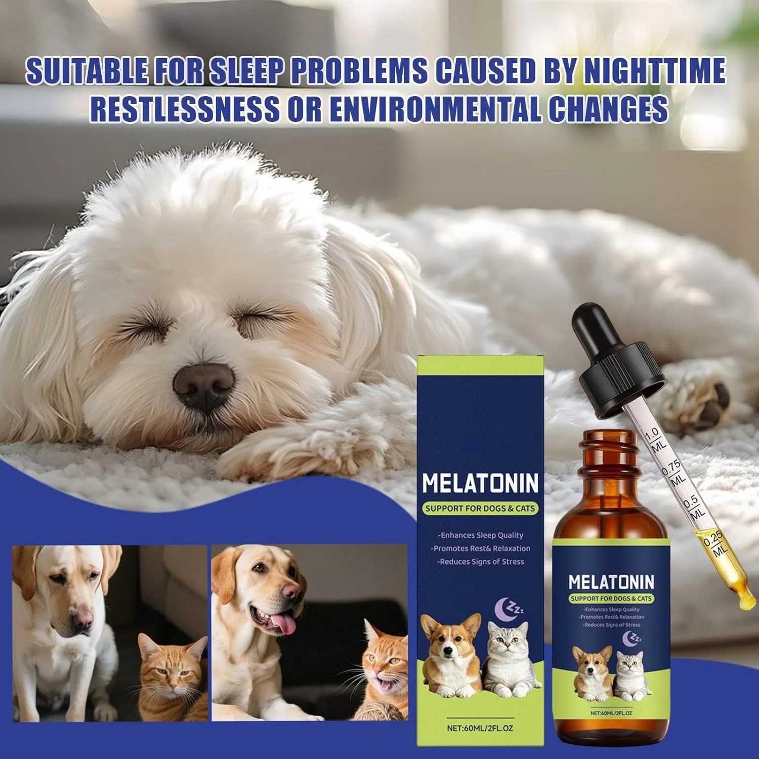 مایع کمک به خواب گربه، 60 میلی لیتر، قطره های آرامش بخش سالم، مکمل پشتیبانی از آرامش، برای سگ ها، گربه ها، مراقبت از حیوانات خانگی، خواب عمیق، زمان خواب شبانه، مسافرت