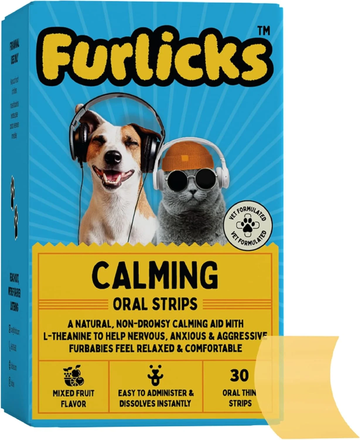 آرام‌بخش فوری سگ و گربه Furlicks | حاوی ال-تیانین، تریپتوفان، بابونه و ویتانیا سومنیفرا (آشواگاندا) برای رفتار متعادل، آرامش و کاهش استرس و اضطراب (30 عدد استریپ خوراکی حل شونده)