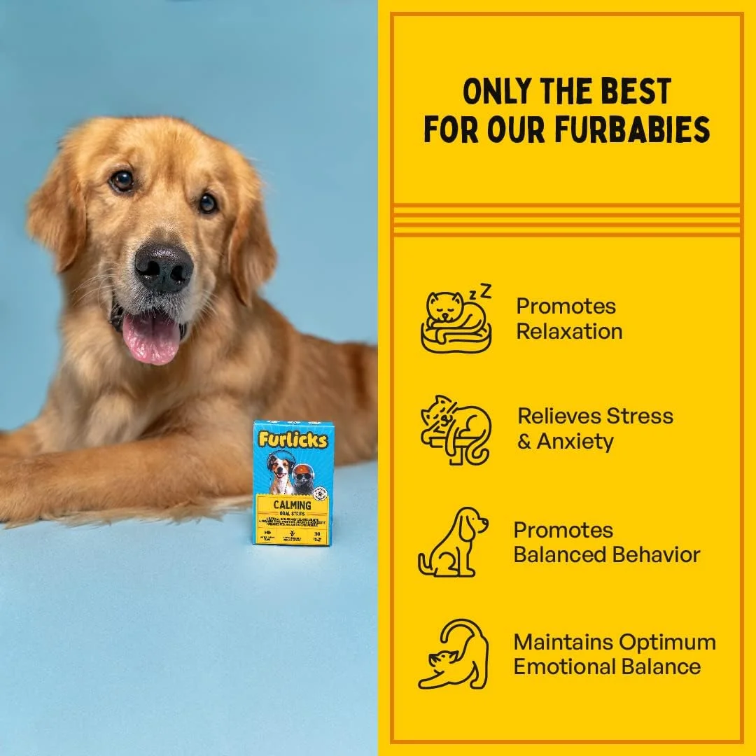 آرام‌بخش فوری سگ و گربه Furlicks | حاوی ال-تیانین، تریپتوفان، بابونه و ویتانیا سومنیفرا (آشواگاندا) برای رفتار متعادل، آرامش و کاهش استرس و اضطراب (30 عدد استریپ خوراکی حل شونده)