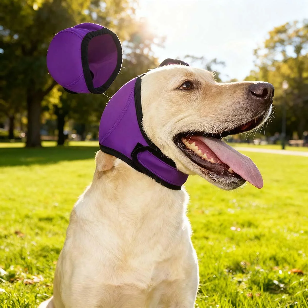 هودی آرام‌بخش سگ و ضد لرزش - گوش‌های آرام برای تسکین اضطراب سگ‌ها، پوشش گوشی برای کاهش صدا، محافظ الاستیک ضد آب برای نظافت، خشک کردن با فشار و حمام (بنفش، بزرگ)