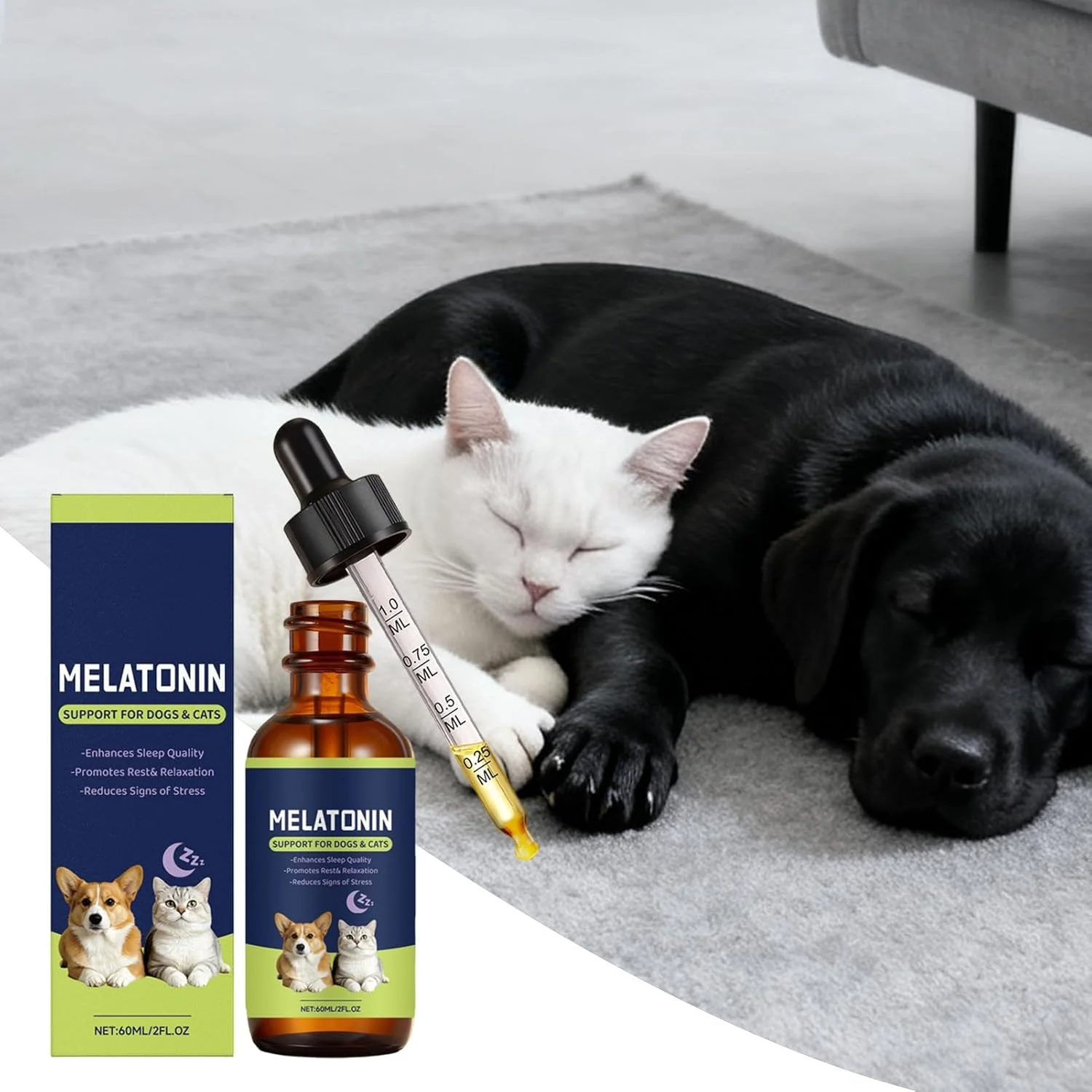 قطره آرامبخش گربه، 60 میلی لیتر | مکمل پشتیبانی از آرامش، برای سگ ها و گربه ها، خواب عمیق، شب، زمان خواب، مسافرت، جدایی