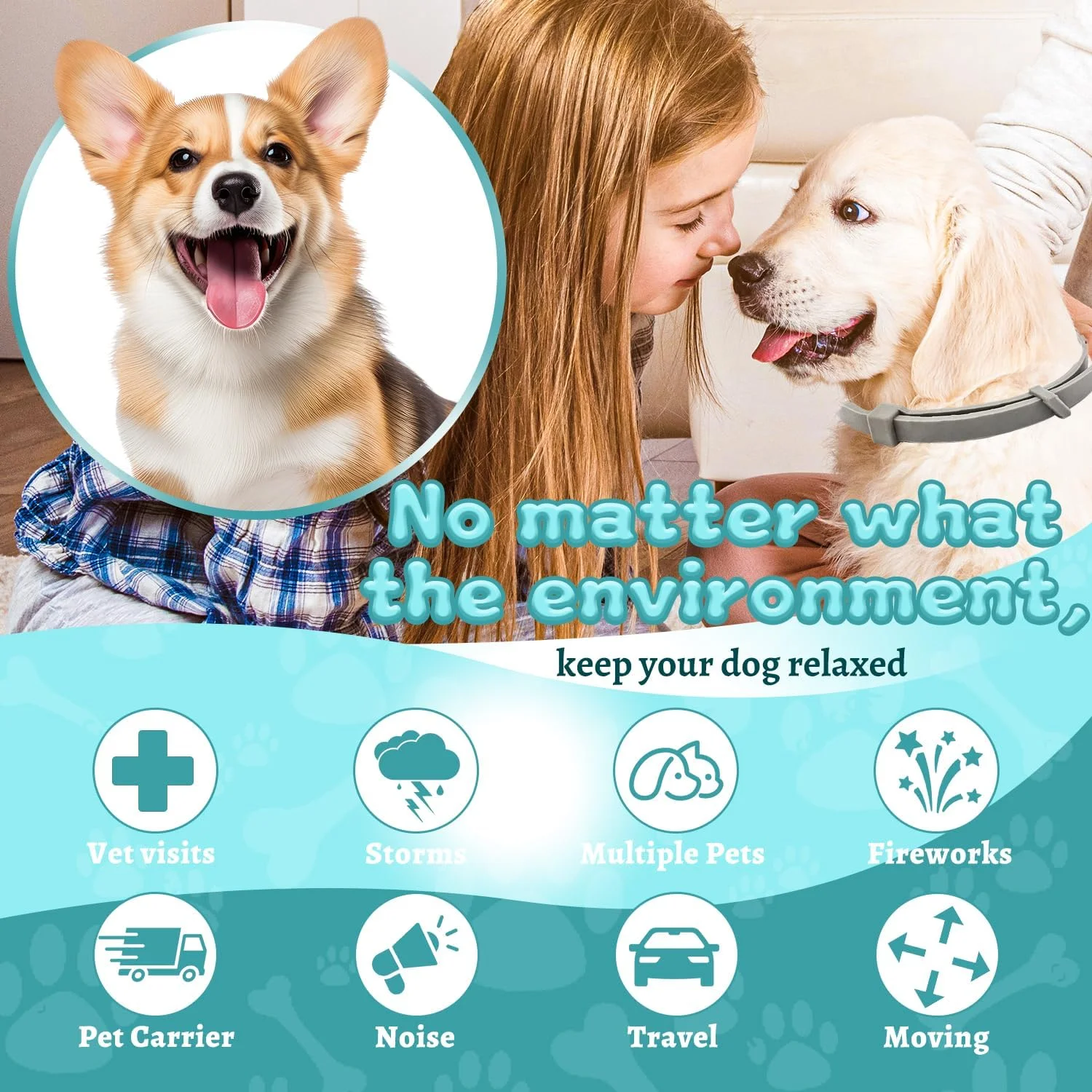 قلاده آرام بخش سگ، بسته 4 عددی، حاوی فرمون ماندگار برای 60 روز، تسکین دهنده استرس و اضطراب سگ، قابل تنظیم برای سگ های کوچک، متوسط و بزرگ (خاکستری)