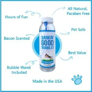 مایع حباب ساز سگ Barkin’ Good، 280 میلی لیتر، محلول حباب ساز طبیعی گیاهی با رایحه مرغ، مناسب برای بازی در فضای داخلی و خارجی، آبی