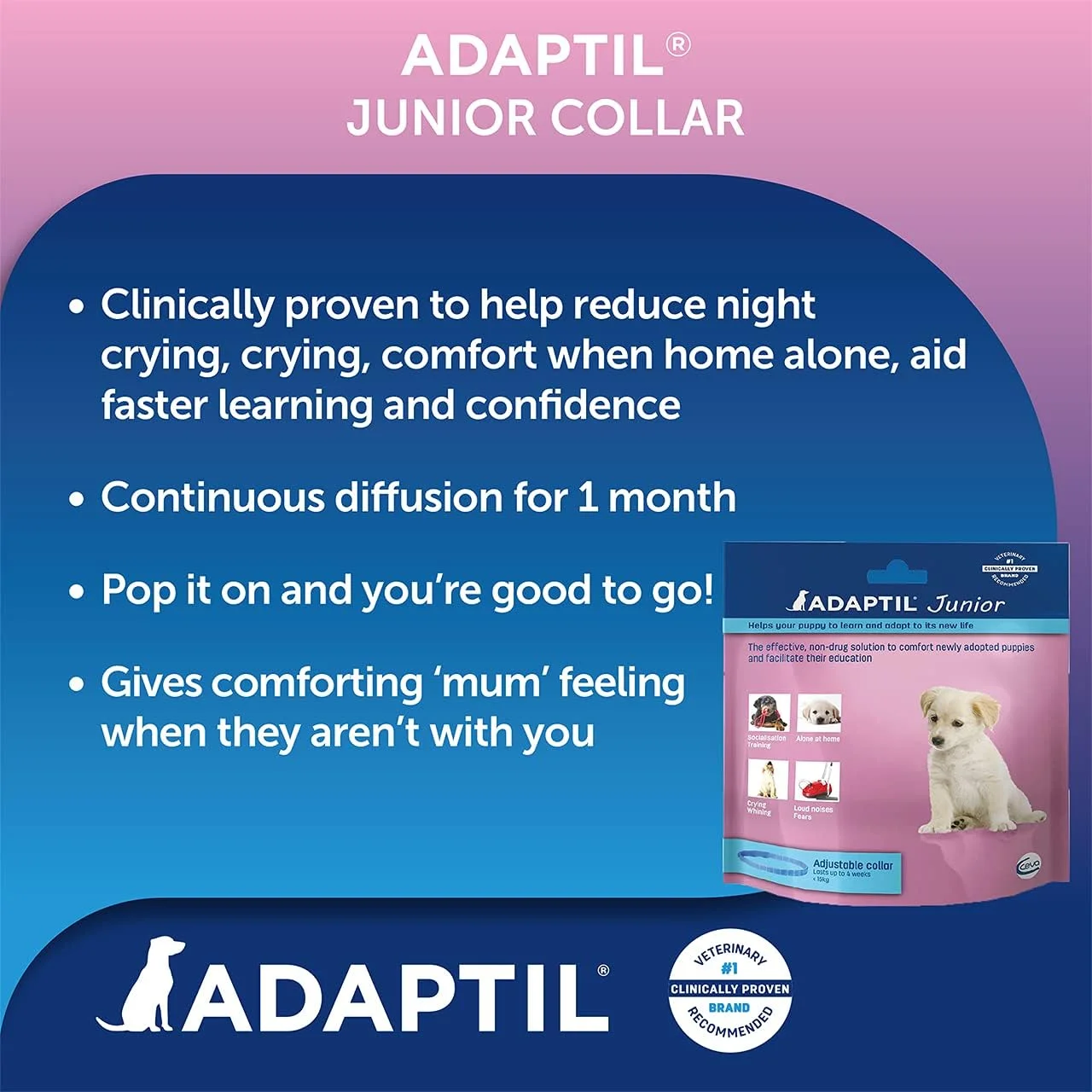 قلاده قابل تنظیم ADAPTIL Junior برای توله سگ ها، کمک به کاهش گریه شبانه، آسایش در هنگام تنها ماندن در خانه، آموزش و اجتماعی شدن - توله سگ